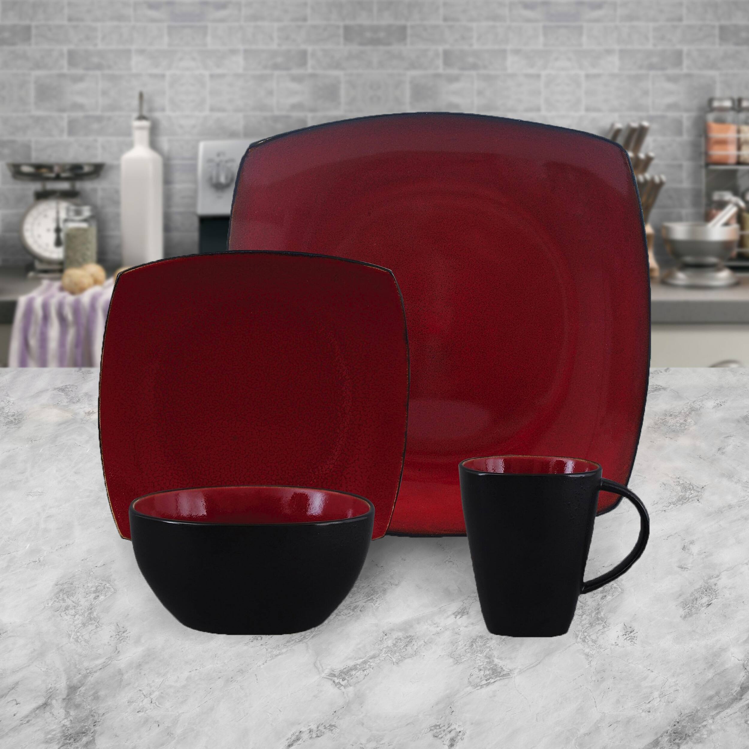 Alt View 4. Gibson - Gibson Soho Lounge 16 Piece Square Stoneware Dinnerware Set in Red and Black - Red.