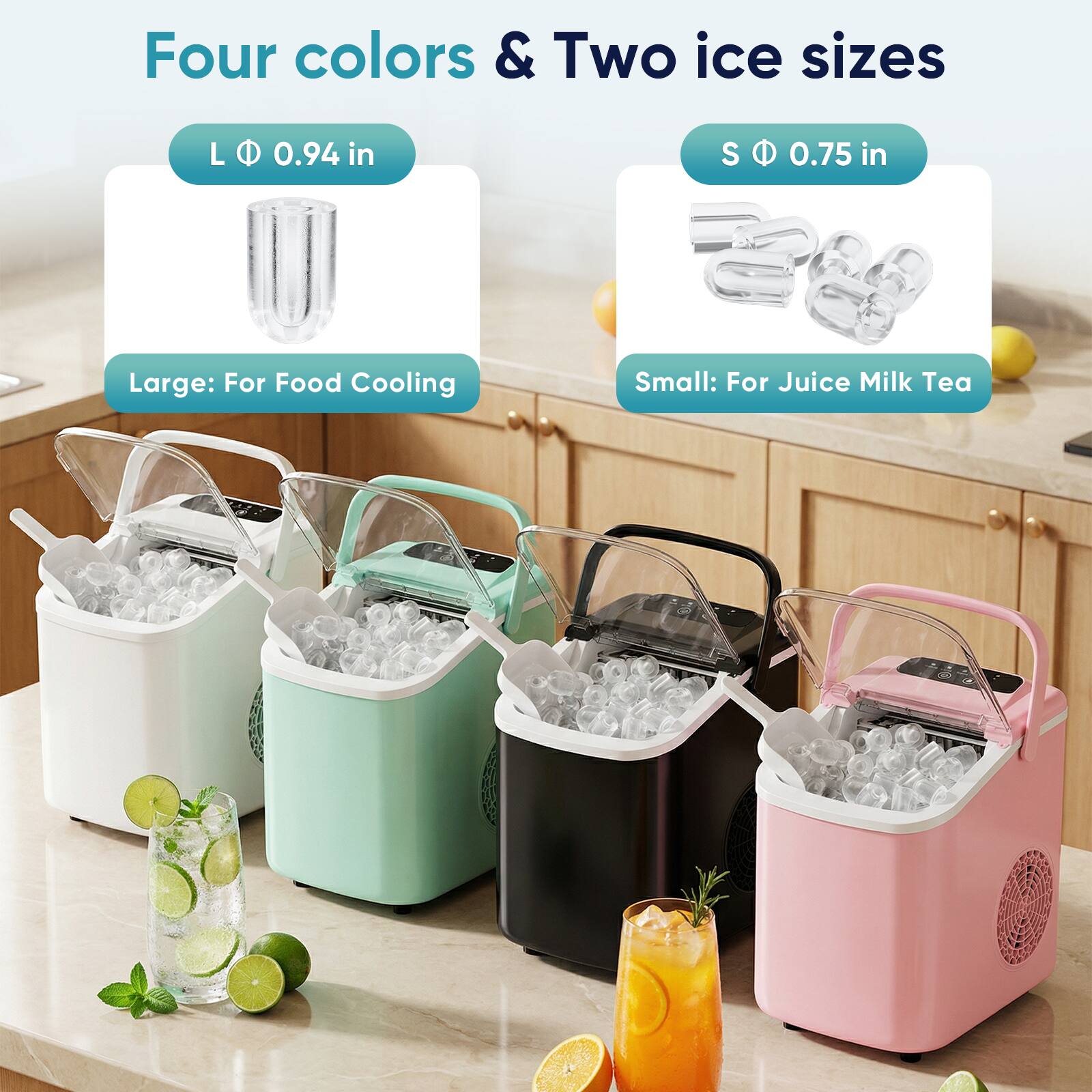 Four colors & Two ice sizes

L Ø 0.94 in
Large: For Food Cooling

S Ø 0.75 in
Small: For Juice Milk Tea