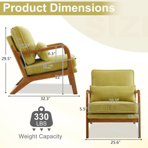 Product Dimensions

- Height: 29.5"
- Width: 32.3"
- Depth: 23.2"
- Seat Height: 17.3"
- Seat Width: 20.5"
- Seat Depth: 22"
- Armrest Height: 6.3"
- Back Height: 25.6"
- Armrest Width: 5.5"
- Cushion Thickness: 16.1"

Weight Capacity: 330 LBS
