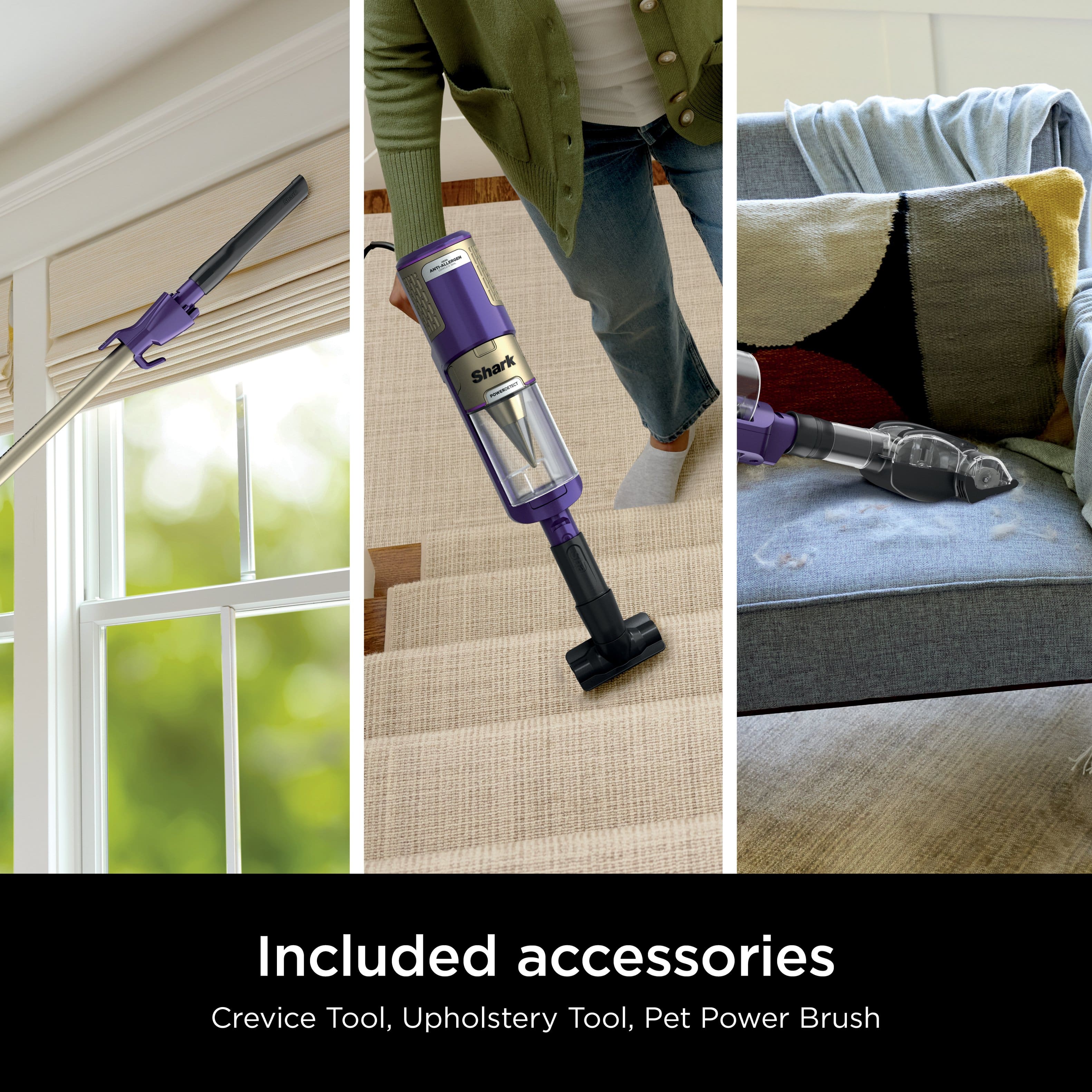 The image features a collage of three pictures, each showcasing a different cleaning tool. The first picture displays a vacuum cleaner, the second picture features a pet hair brush, and the third picture shows a crevice tool. These tools are all part of the Shark - 7 cleaning system, which comes with various accessories to help clean different areas of the house.