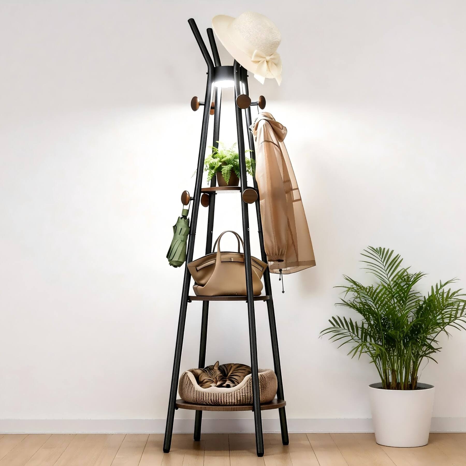 Alt View 4. Pawtners - Freestanding Coat Rack with 3 Shelves and 12 Hooks, Coat tree with Motion Sensor Light for Entryway, Black - Black.