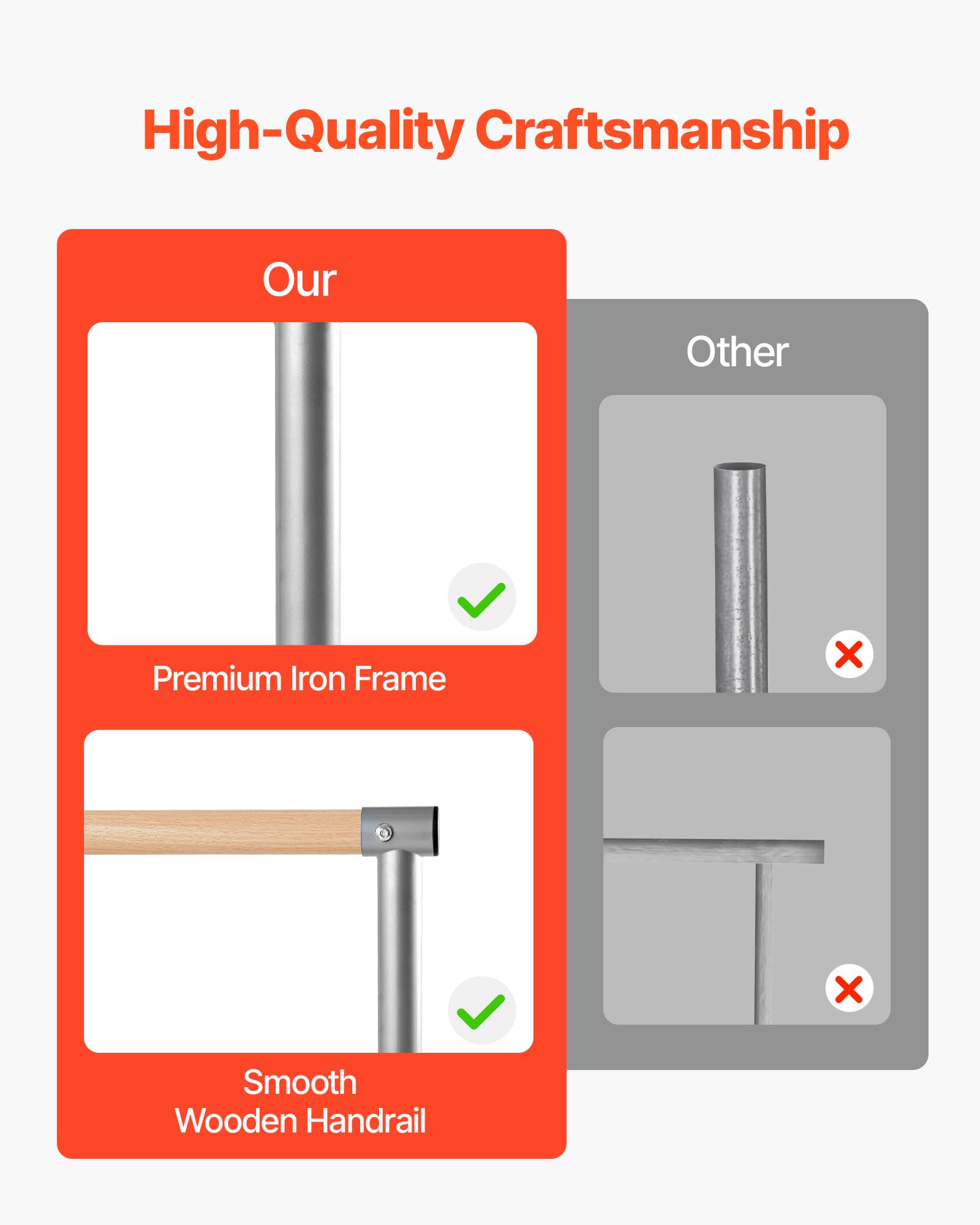 High-Quality Craftsmanship

Our
- Premium Iron Frame
- Smooth Wooden Handrail

Other
- Premium Iron Frame
- Smooth Wooden Handrail