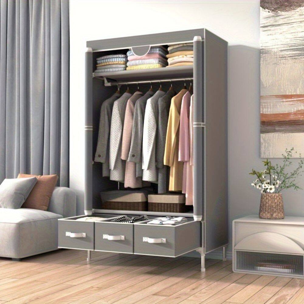 Alt View 1. Mirfee - Portable Closet with Rolling Door, Hanging Rack & 3 Drawers - No-Tool Assembly, Non-Woven - 67x35x17 In, Gray - Gray.