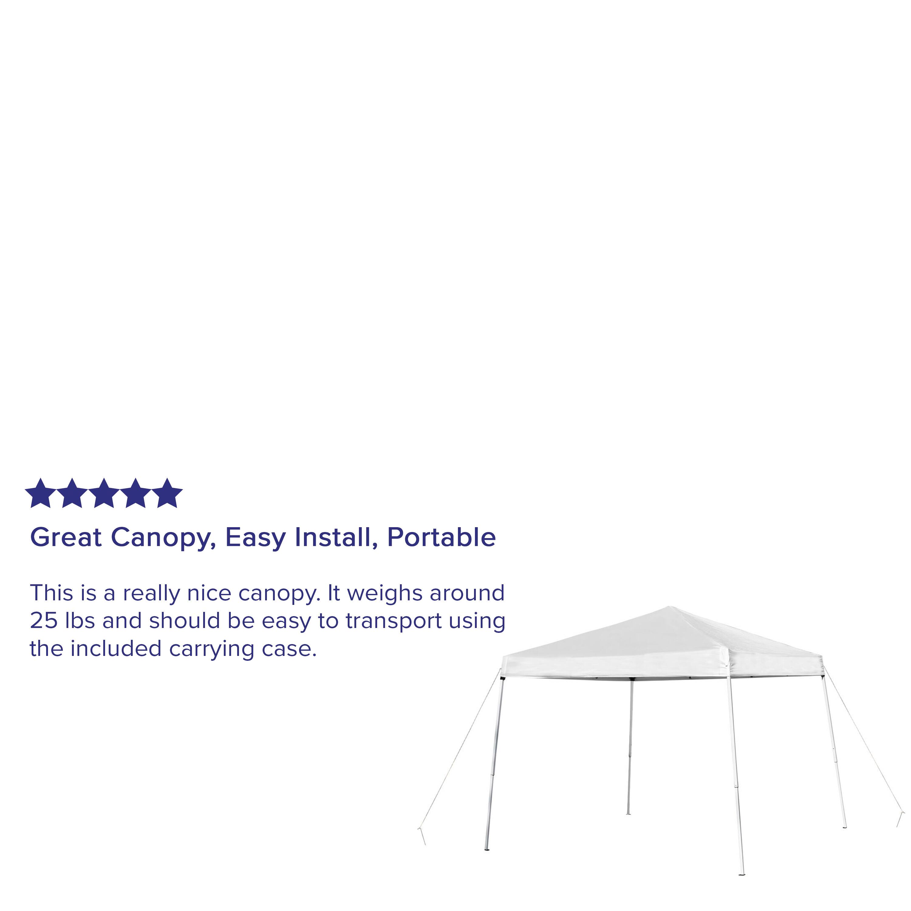 Great Canopy, Easy Install, Portable

This is a really nice canopy. It weighs around 25 lbs and should be easy to transport using the included carrying case.