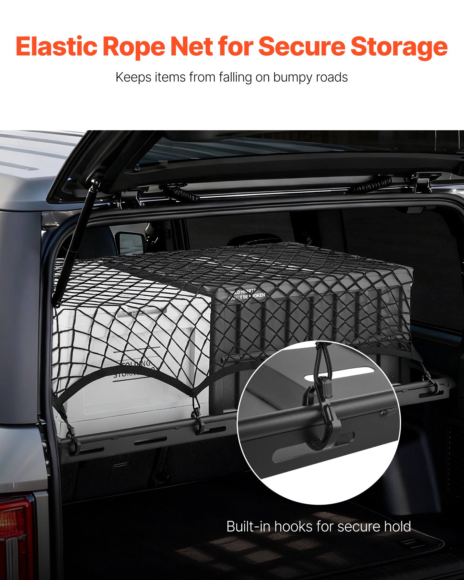 Elastic Rope Net for Secure Storage  
Keeps items from falling on bumpy roads  

Built-in hooks for secure hold