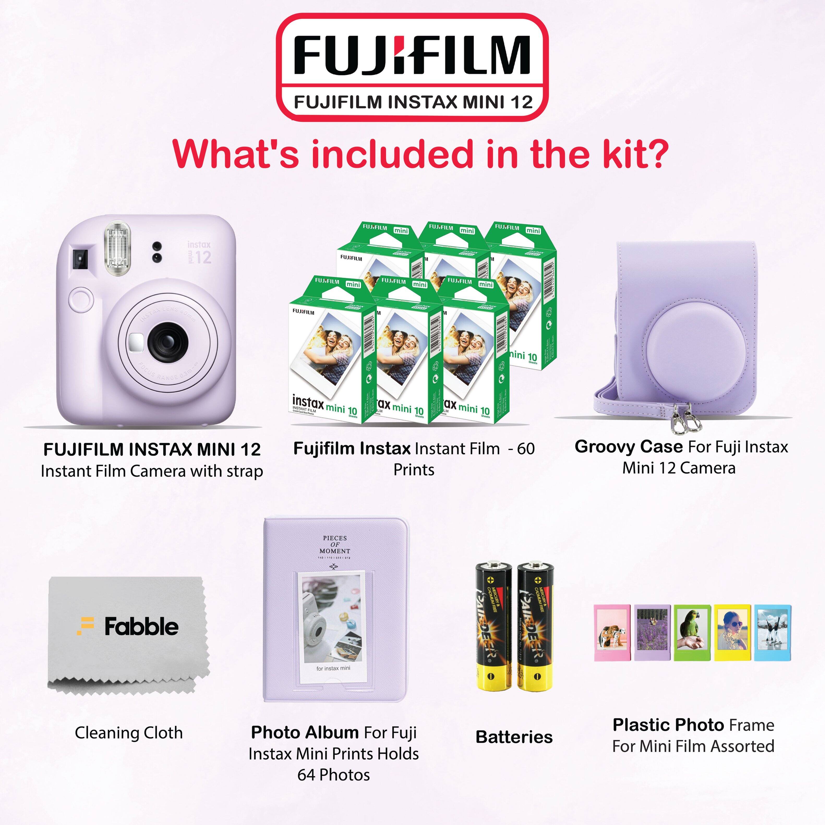 FUJIFILM INSTAX MINI 12

What's included in the kit?

- FUJIFILM INSTAX MINI 12 Instant Film Camera with strap
- Fujifilm Instax Instant Film - 60 Prints
- Groovy Case For Fuji Instax Mini 12 Camera
- Cleaning Cloth
- Photo Album For Fujifilm Instax Mini Prints Holds 64 Photos
- Batteries
- Plastic Photo Frame For Mini Film Assorted