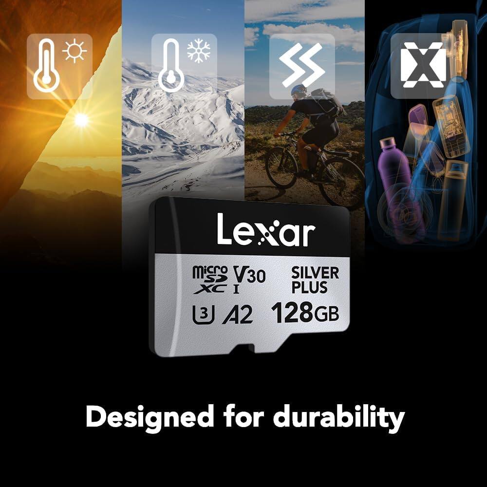 Lexar  
microSD V30 SILVER PLUS  
XC I  
A2  
128GB  

Designed for durability