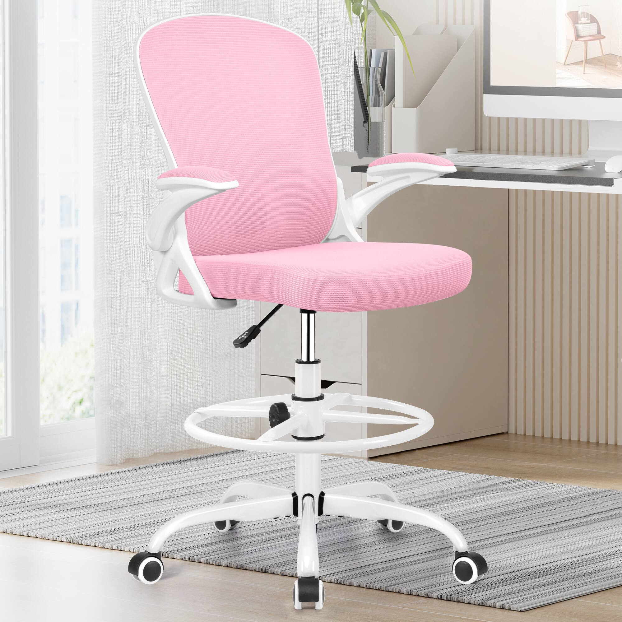 Left. Brick Attic - Drafting Chair, Tall Office Chair Ergonomic Desk Chair, Task Rolling Chair with Adjustable Flip-up Armrests Foot Ring - Pink.