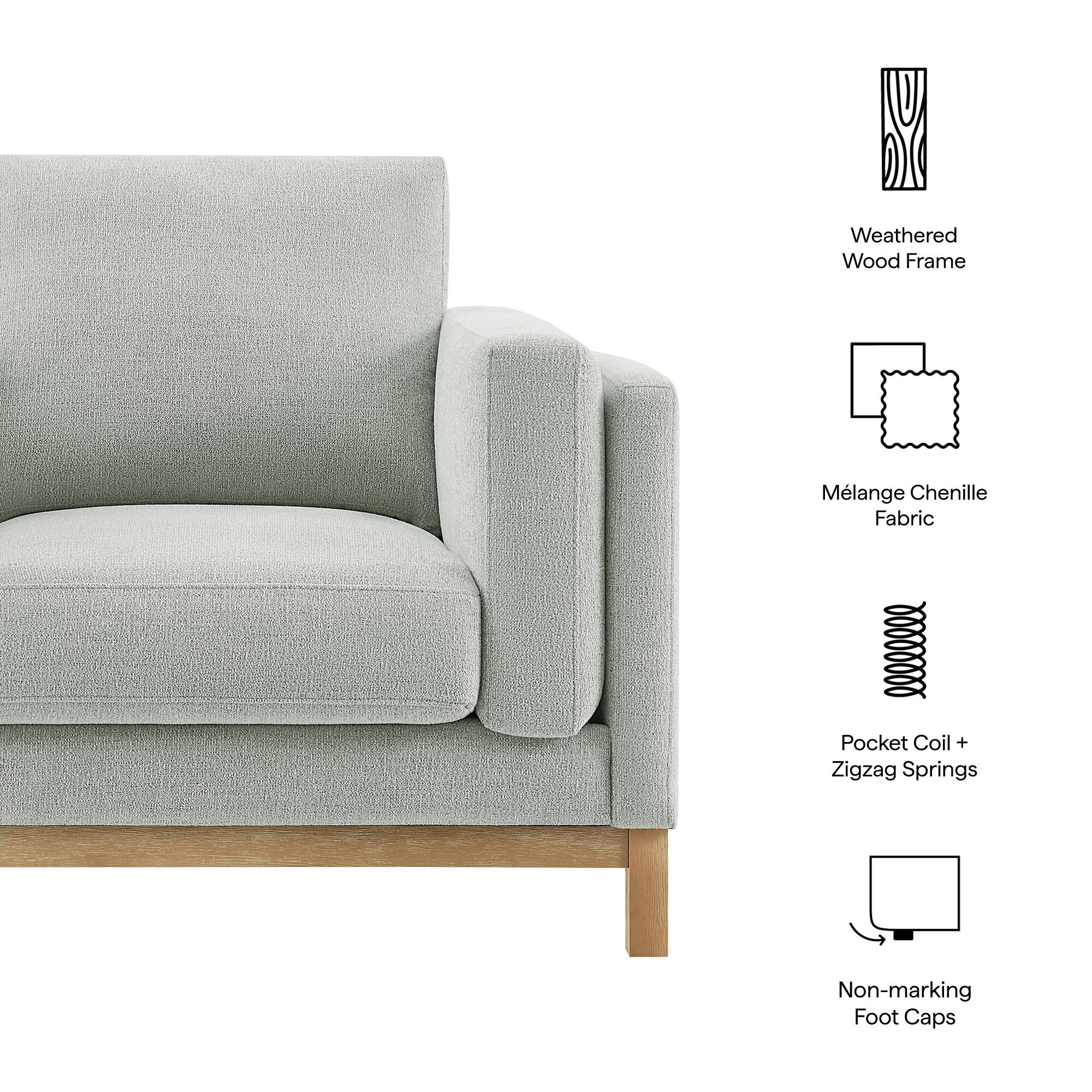 - Weathered Wood Frame
- Mélange Chenille Fabric
- Pocket Coil + Zigzag Springs
- Non-marking Foot Caps