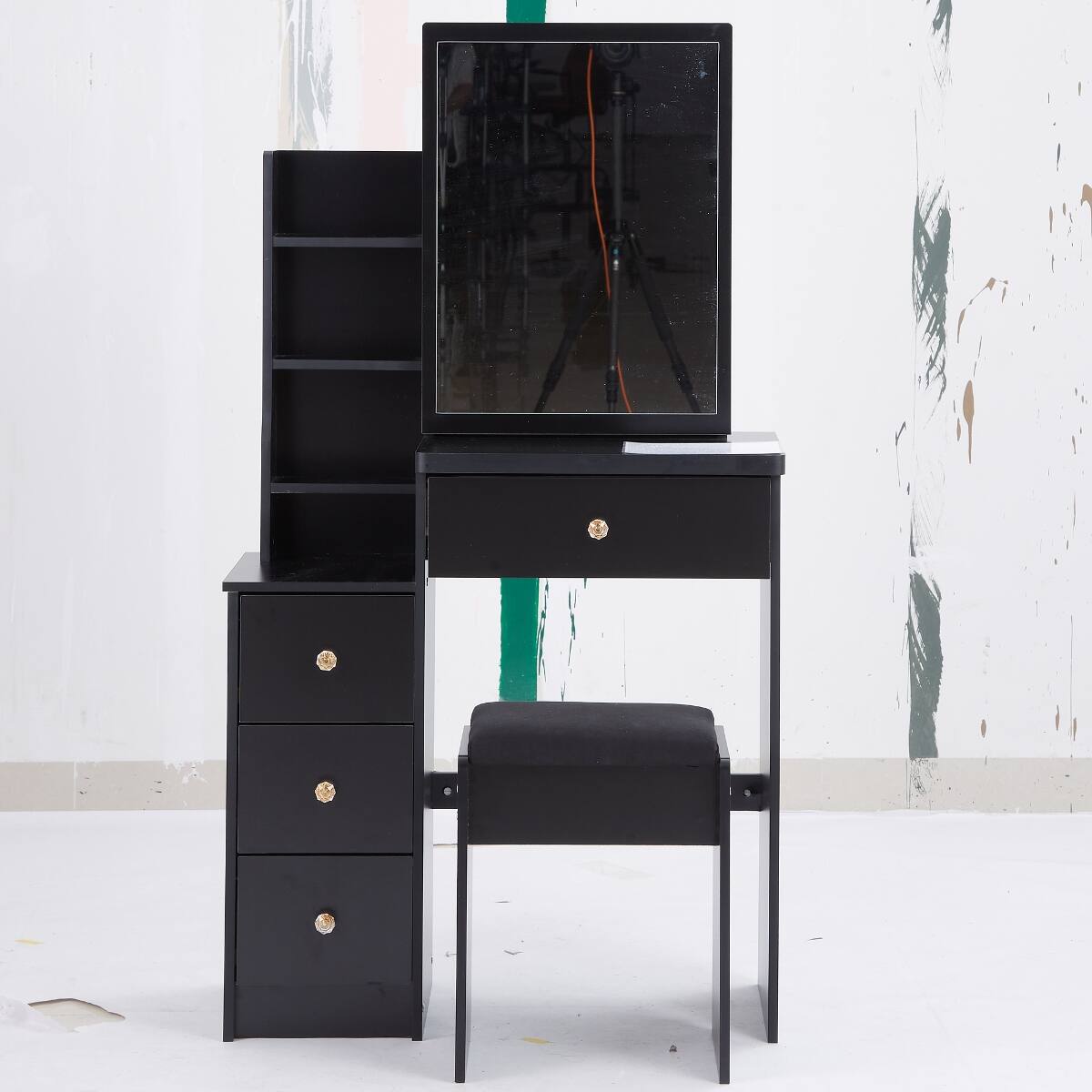 Angle. Loheer - Loheer Small Space Makeup Vanity with Sliding Mirror and Stool, Black MDF - Black.