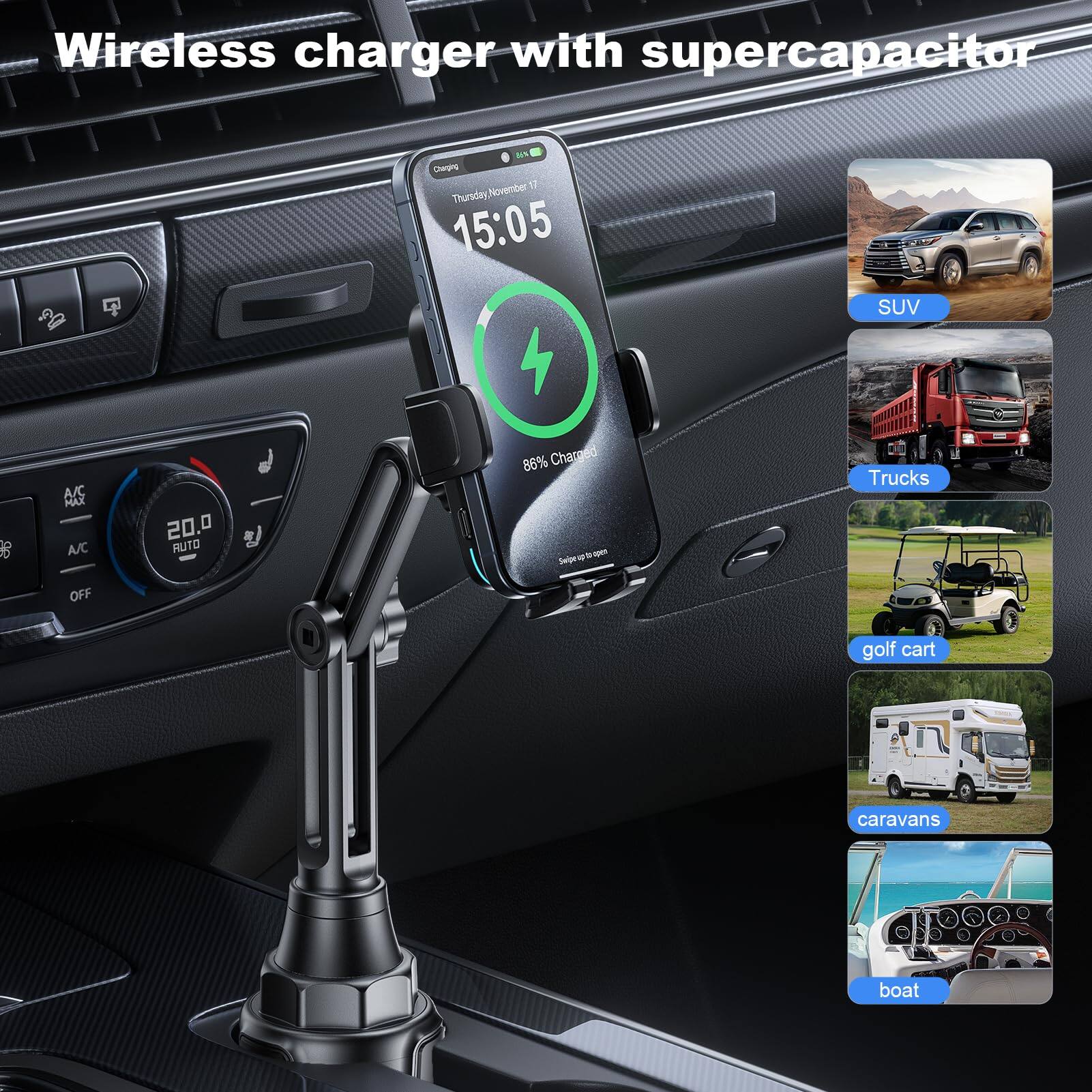Wireless charger with supercapacitor

Thursday, November 17  
15:05  
86% Charged

SUV  
Trucks  
golf cart  
caravans  
boat