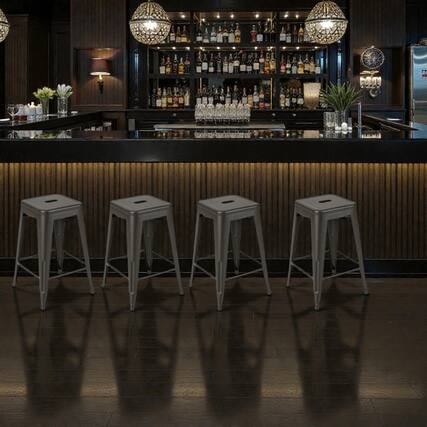 Front. Hivvago - 24 Inch Backless Metal Bar Stools for Counter Height Stackable Design - Set of 4 - Gun.