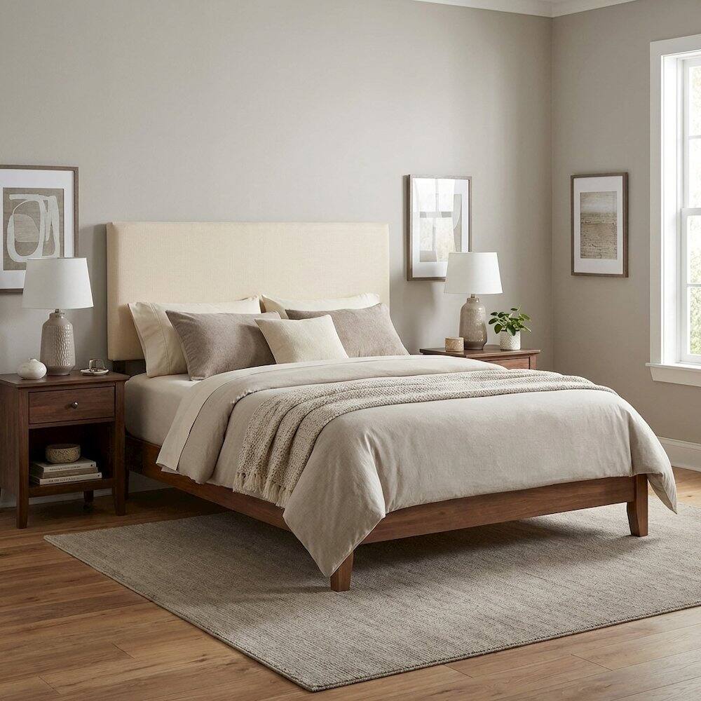 Left. FurniFact - Upholstered Queen Headboard in Neutral Fabric, Durable Frame, Stylish Design - Beige.