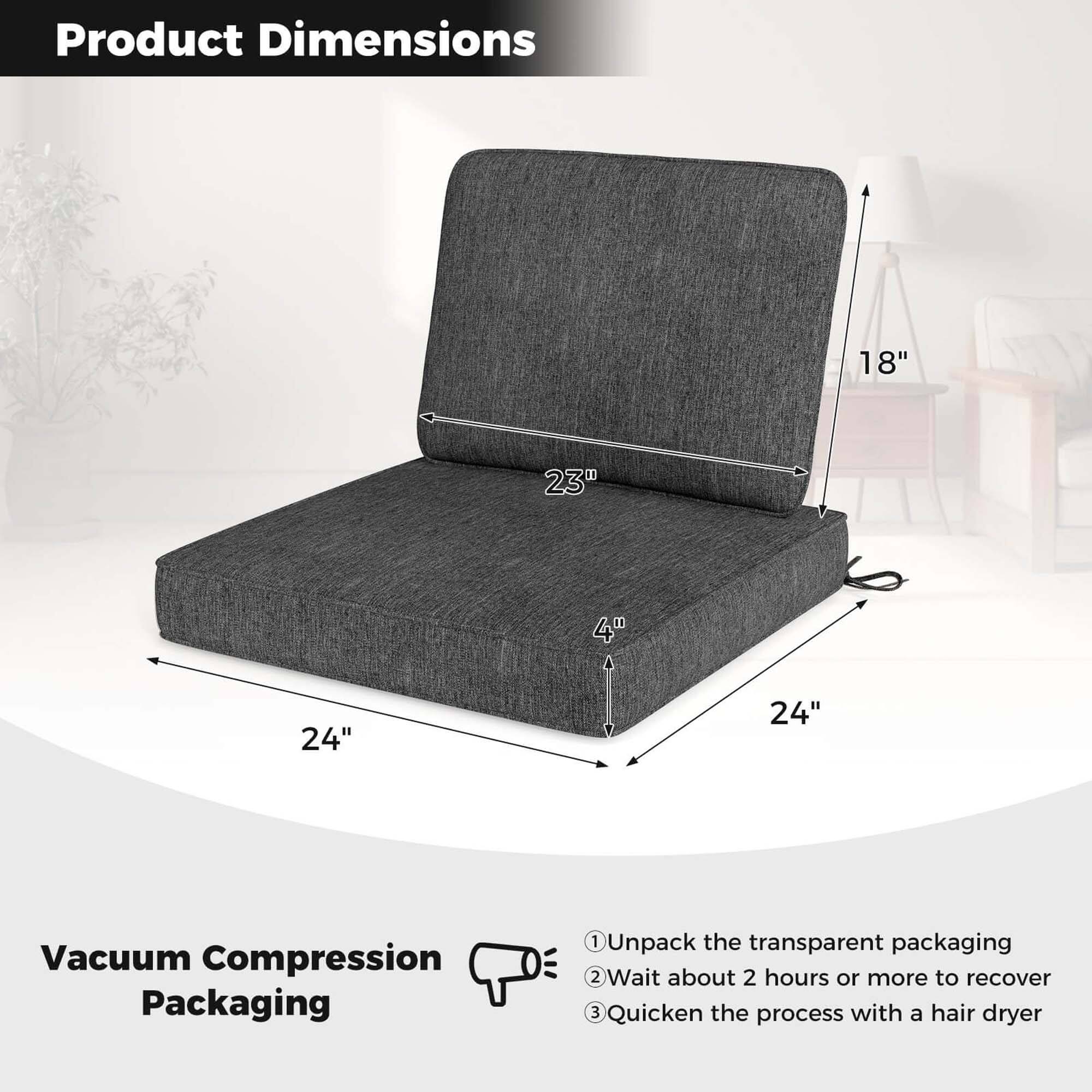 **Product Dimensions**

- 18"
- 23"
- 4"
- 24"
- 24"

**Vacuum Compression Packaging**

1. Unpack the transparent packaging
2. Wait about 2 hours or more to recover
3. Quicken the process with a hair dryer