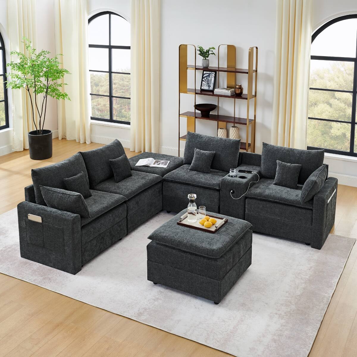 Back. Ropilly - Ropilly U Shaped Modular Sectional Sofa, Black Chenille Center Console Sectional for 6 Seat Living Room - Black.