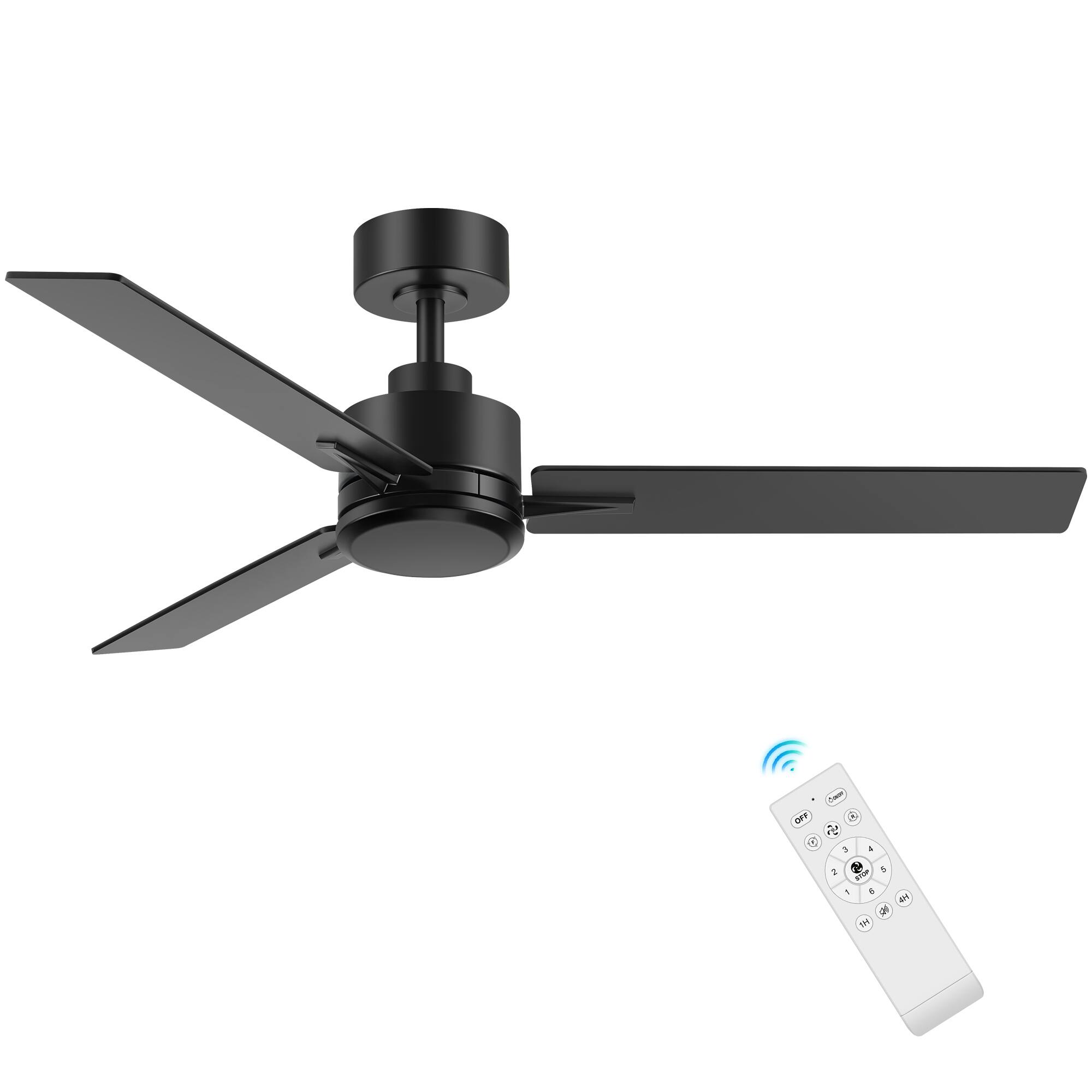 Angle. Breezary - 48-Inch Indoor Ceiling Fan with Remote, 3 Plywood Blades, 6-Speed DC Motor, 5'' Downrod, LED/No Light, Single or 2-Pack - Matte Black (Without Light).