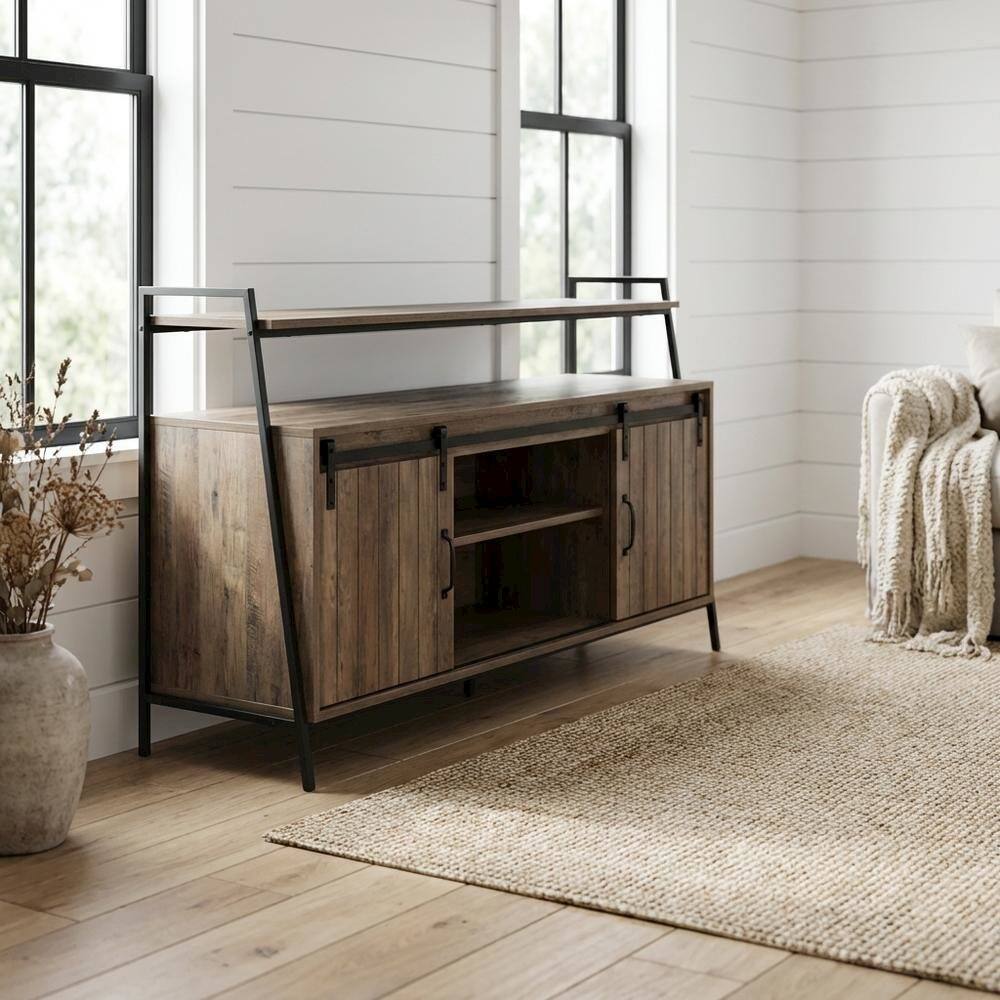 Alt View 1. FurniFact - Industrial TV Stand in Rustic Oak & Black Finish with MDF, Metal, Veneer - Brown.