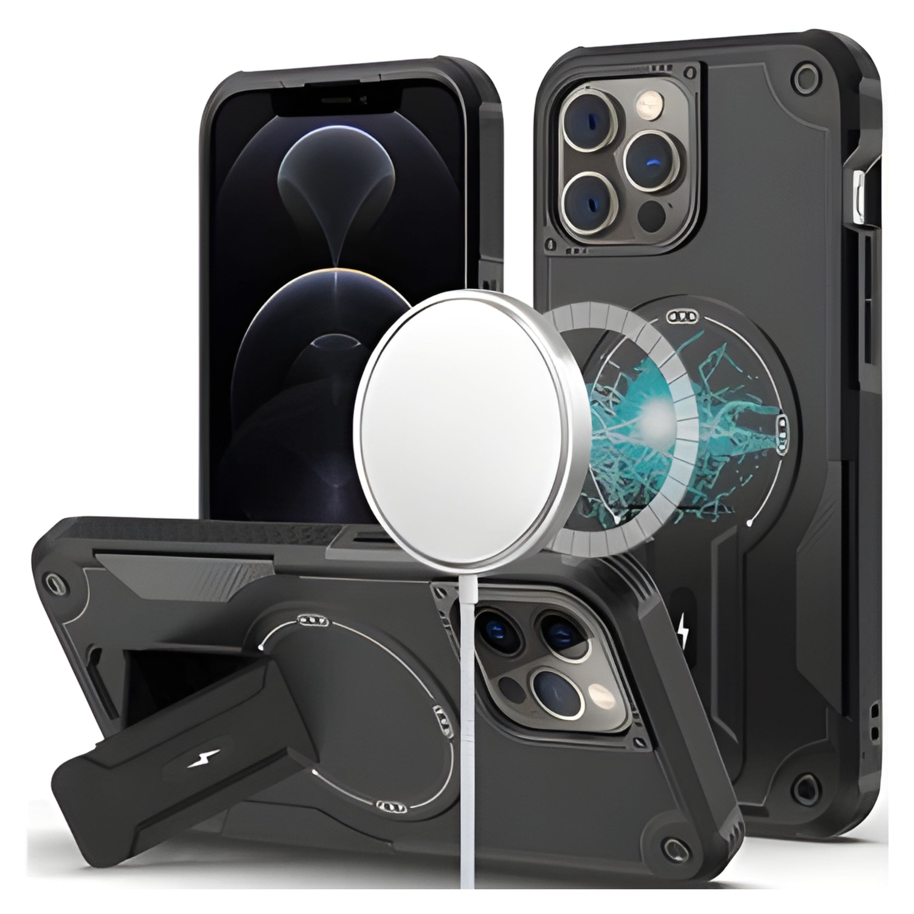 Kitcheniva - Magnetic Circle Rugged Grip Kickstand Phone Case With Tempered Glass For iPhone 12/12 Pro - Black