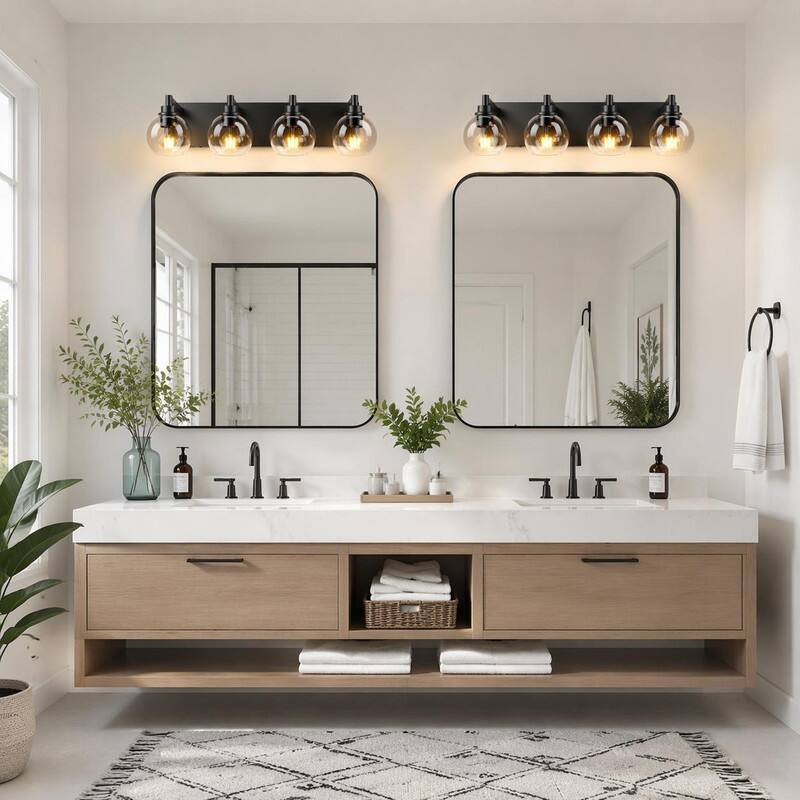 Back. RYHNUYNE - Matte Black 4-Light Vanity Bar with Clear Glass Globes for Bathroom, Bedroom, and Entryway – E26 Sockets, Up/Down Mount.
