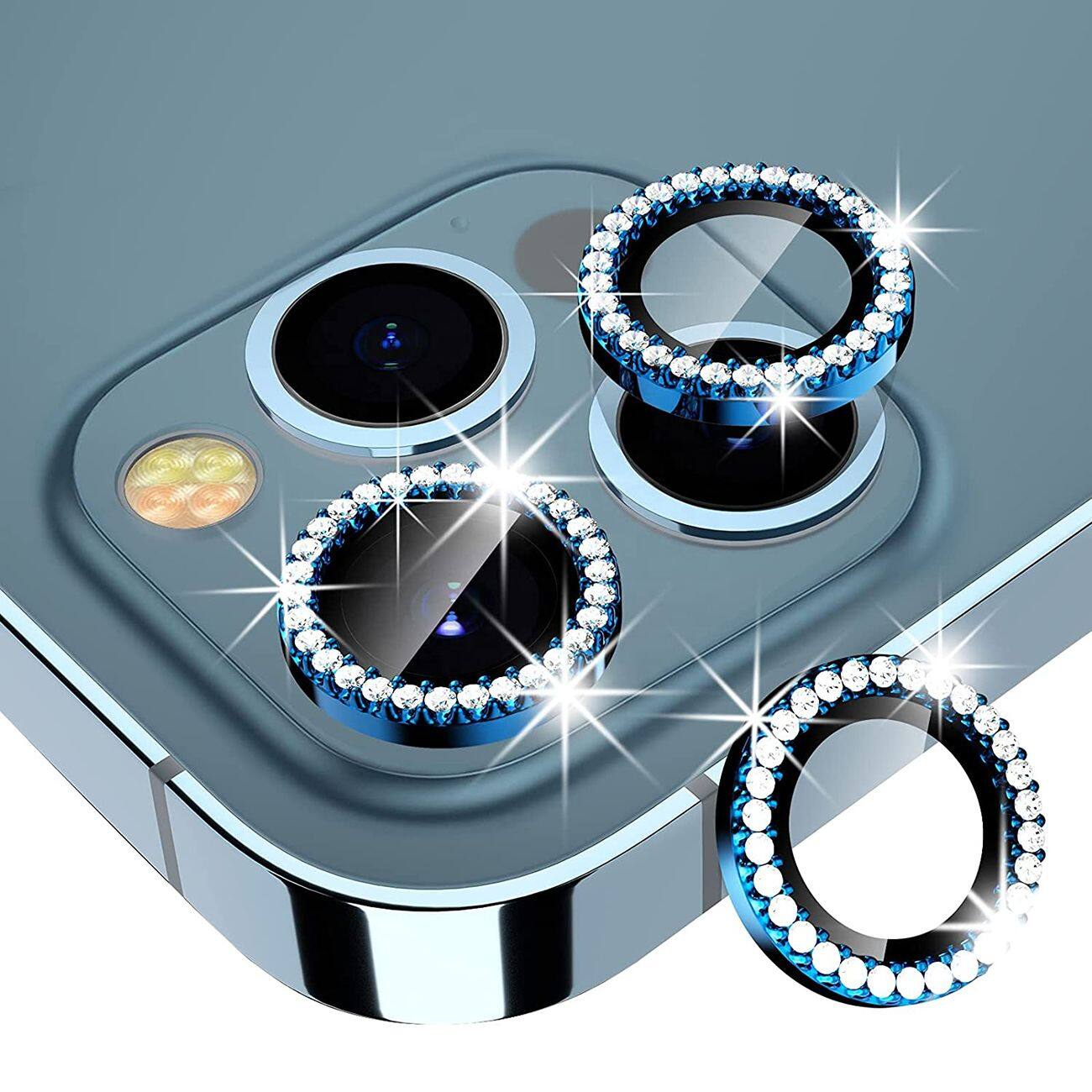 Front. Reiko - Diamond Tempered Glass Camera Lens Protector for iPhone 13 Pro / 13 Pro Max - Blue - Blue.