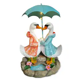 OrnamentallyYou - Romantic Swan Couple Under an Umbrella Solar Powered Garden Statue, 10" Lighted Outdoor Bird Figurin - Multicolor