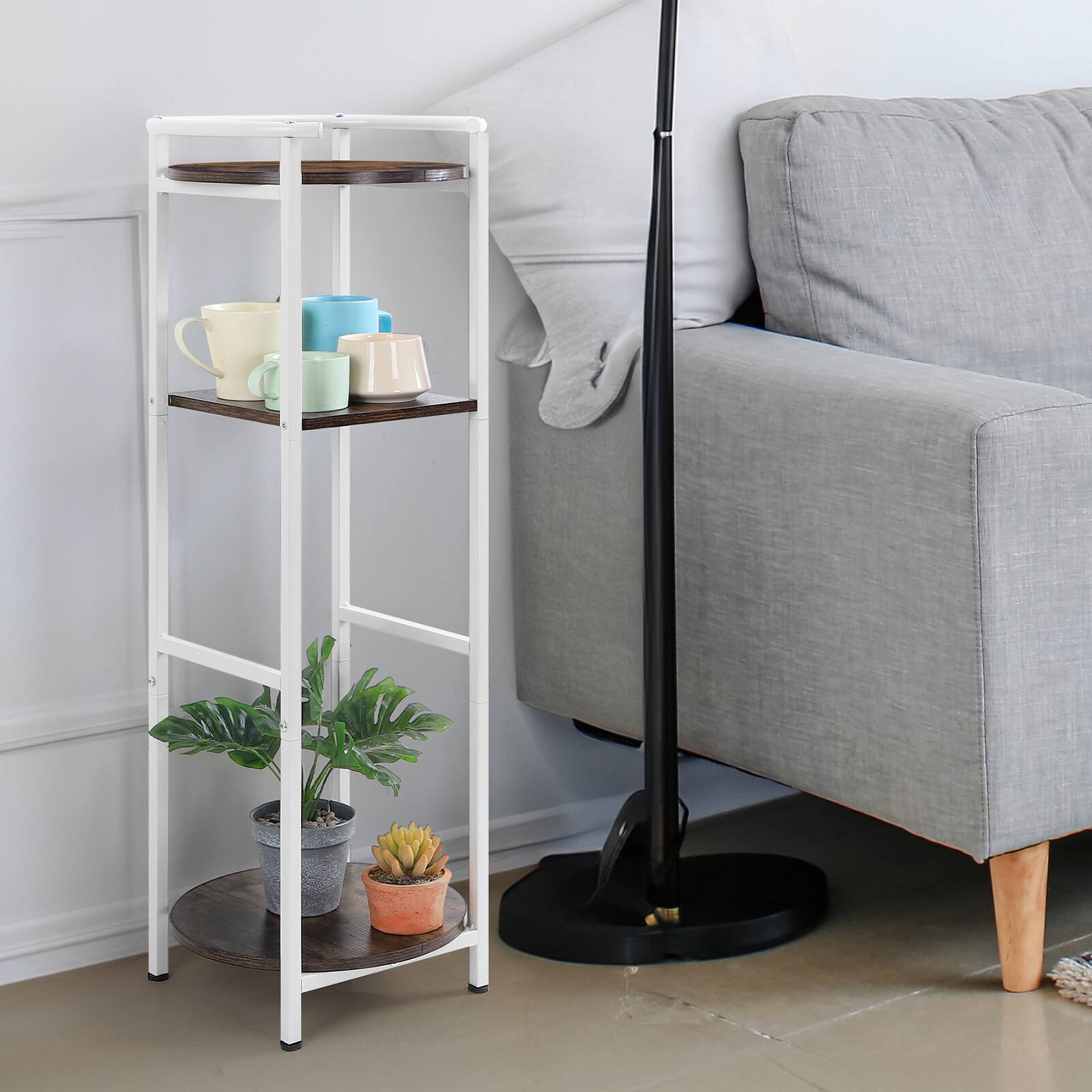 Back. Oumilen - 3-Tier Water Dispenser Stand Plant Shelf, White Metal with Rustic Wood - White.