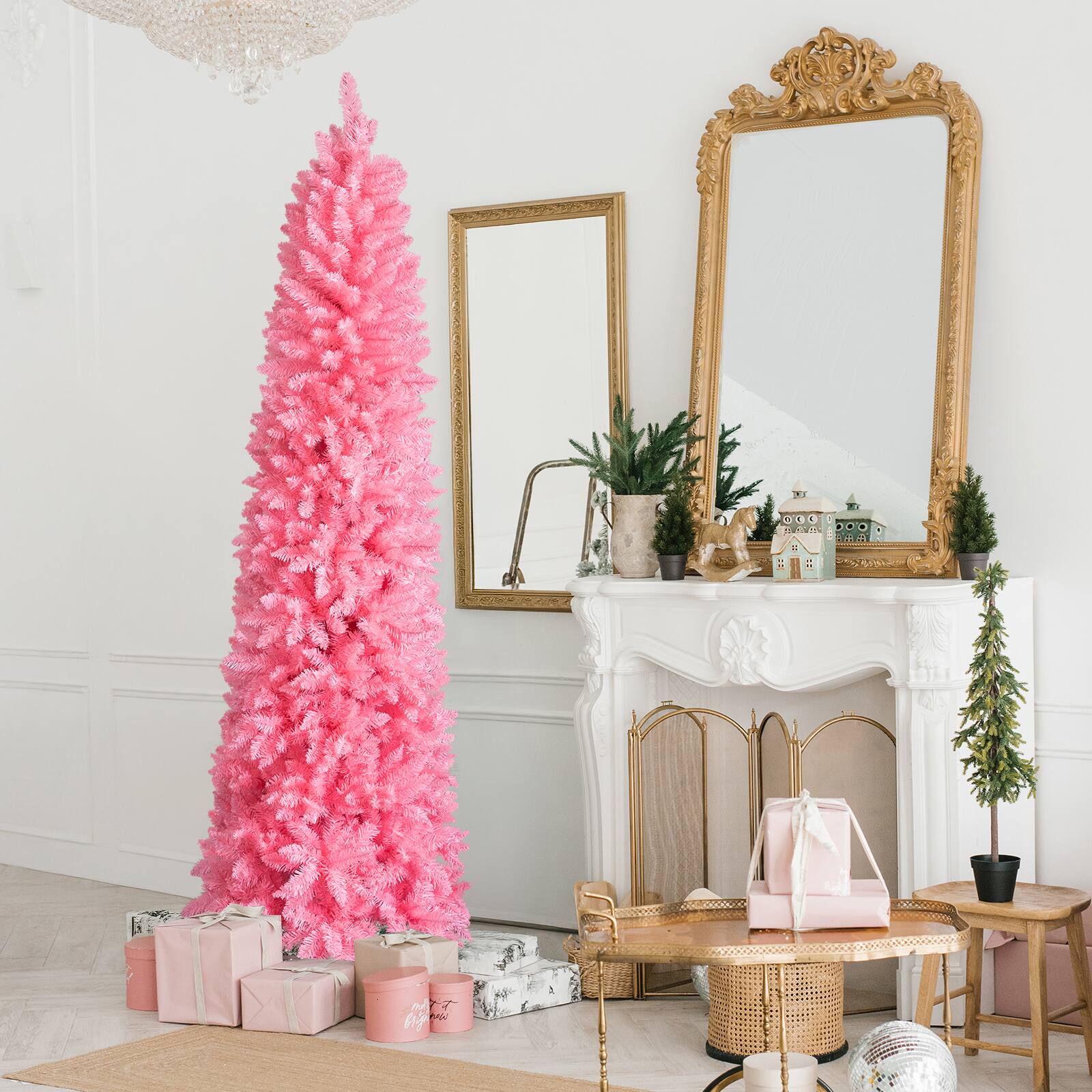 Alt View 1. VAVSEA - 7.5 ft Pink Pencil Christmas Tree Artificial Slim, 1075 Tips Hinged Unlit Christmas Tree with Stand for Holiday Decor - Pink.