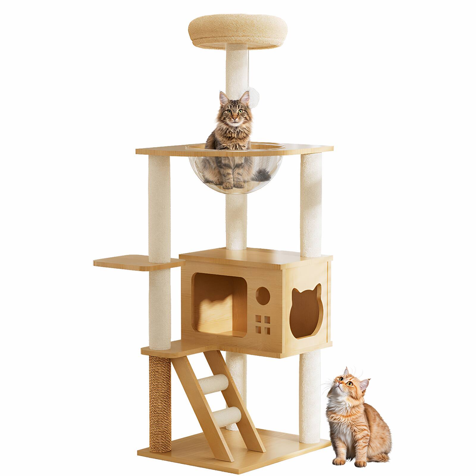 Angle. Dexmalle - Dexmalle-48.8" Modern Wood Cat Tower with Sisal Covered Scratching Posts and Top Perch-Natural+White - Natural+White.