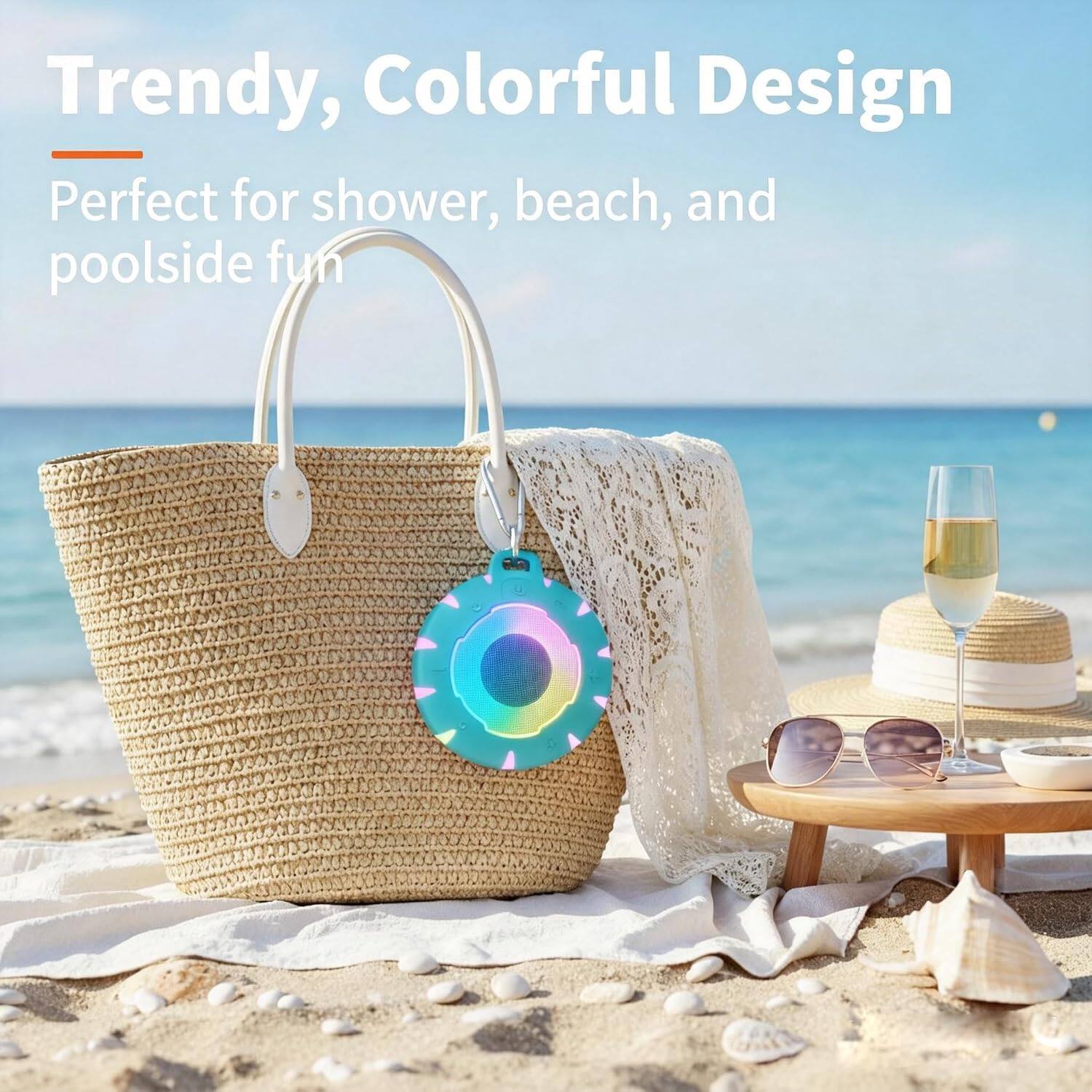 Trendy, Colorful Design  
Perfect for shower, beach, and poolside fun