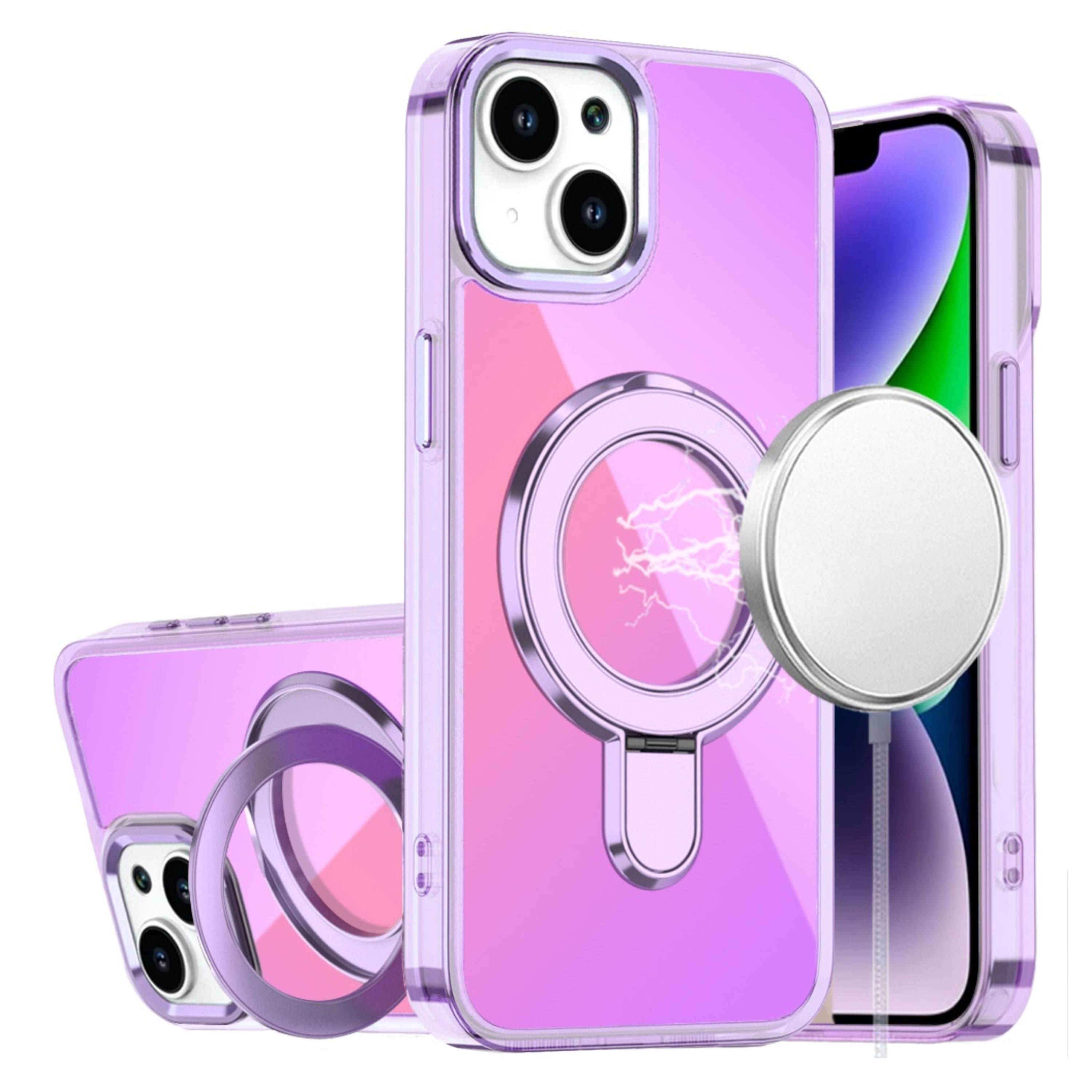 Kitcheniva - Radiant Chrome Magnetic Circle Stand Phone Case With Tempered Glass For iPhone 13/14 - Light Purple