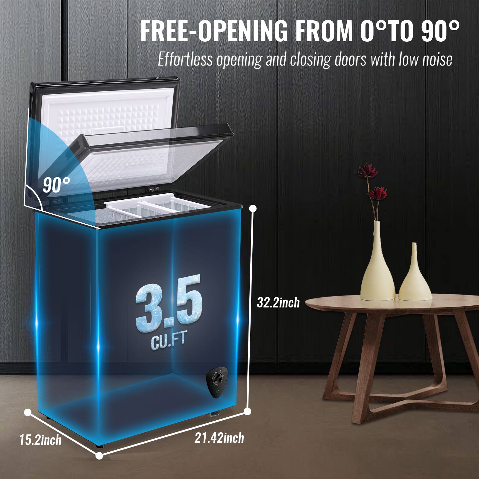 FREE-OPENING FROM 0° TO 90°  
Effortless opening and closing doors with low noise  

3.5 CU.FT  

32.2 inch  
15.2 inch  
21.42 inch