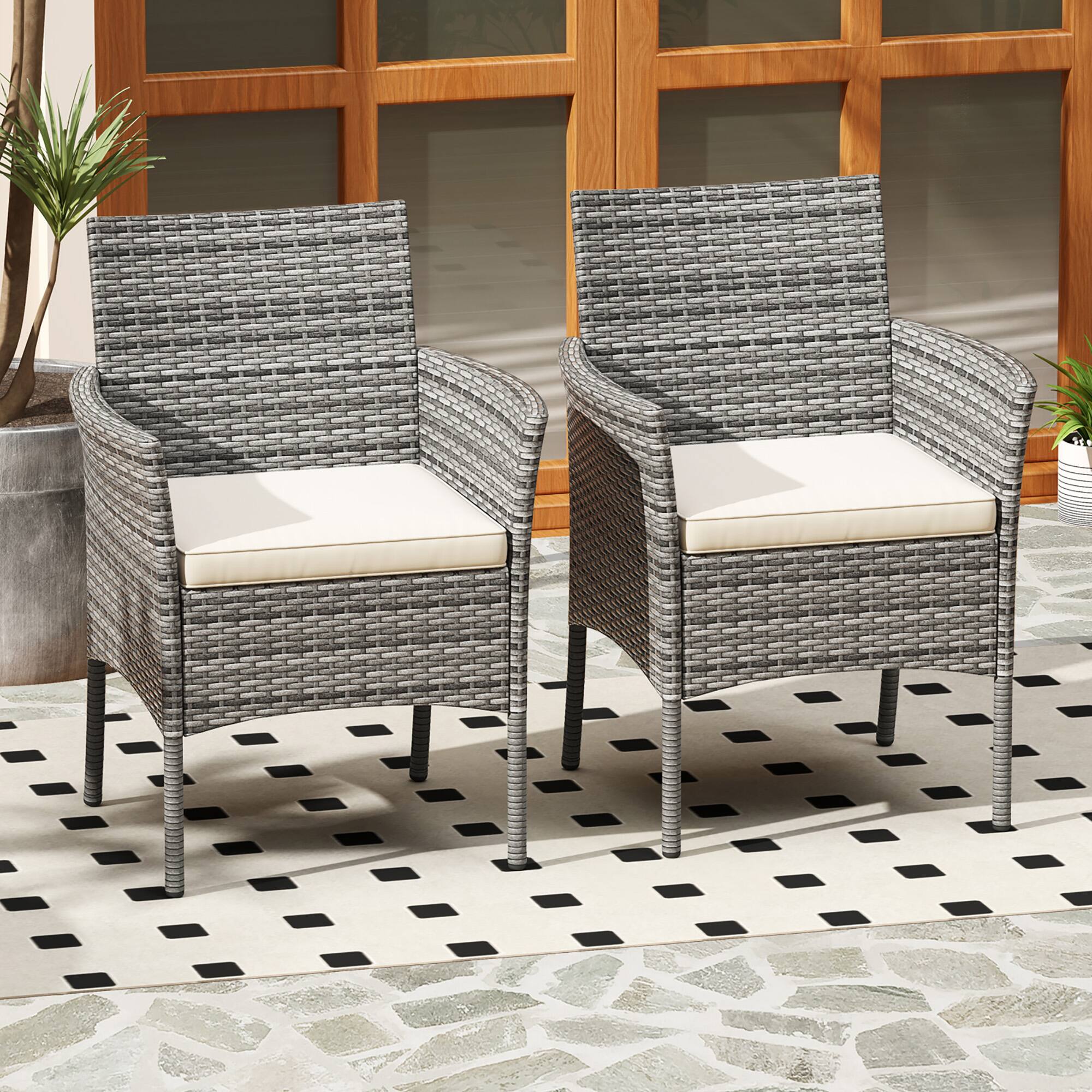 Alt View 3. Gymax - Gymax Outdoor PE Wicker Chairs Set of 2 Patio Dining Armchairs w/ Padded Cushions - White.