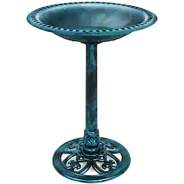 Best Choice Products - Outdoor Rustic Pedestal Bird Bath Accent for Garden, Yard w/ Fleur-de-Lis Accents - Peacock Blue