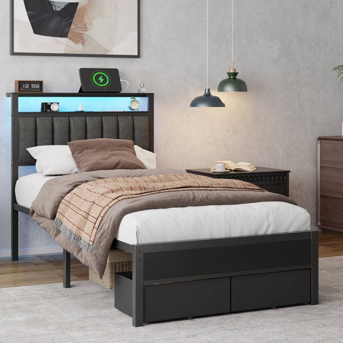 Alt View 1. Furnulem - Upholstered Bed Frame with 2 Storage Drawers Modern Platform Bed with Charging Station & LED Light - Black.