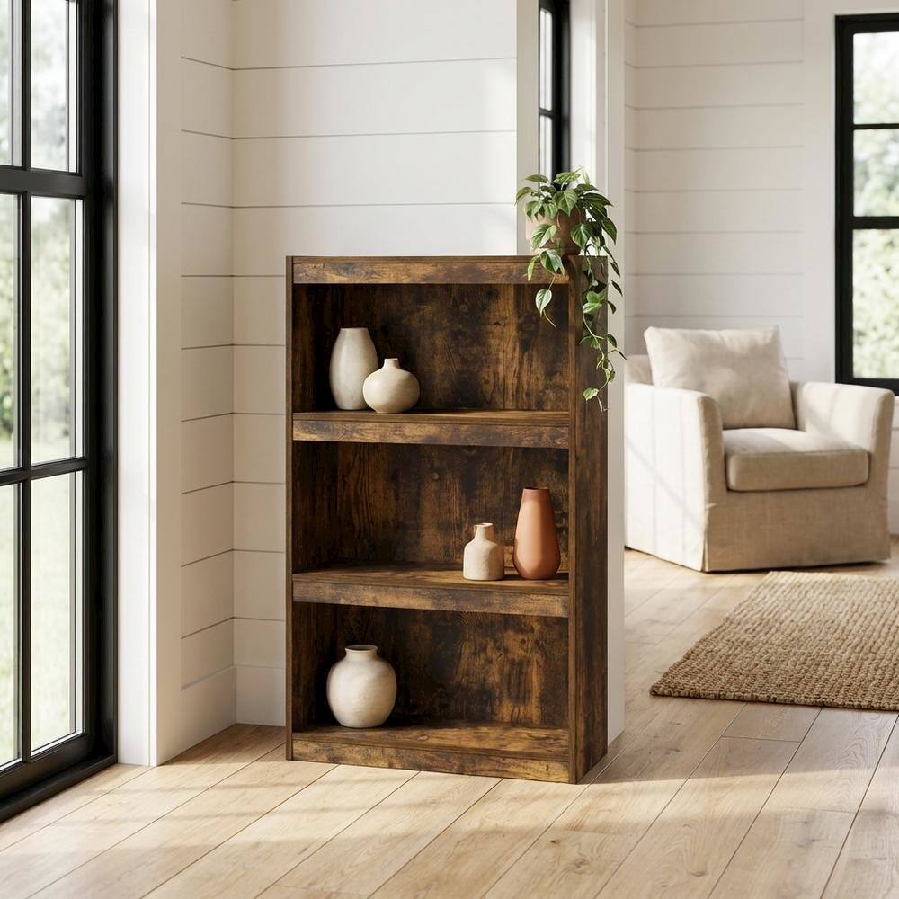 Left. FurniFact - 3-Tier Adjustable Shelf Bookcase with Space-Saving Design - Amber Pine.