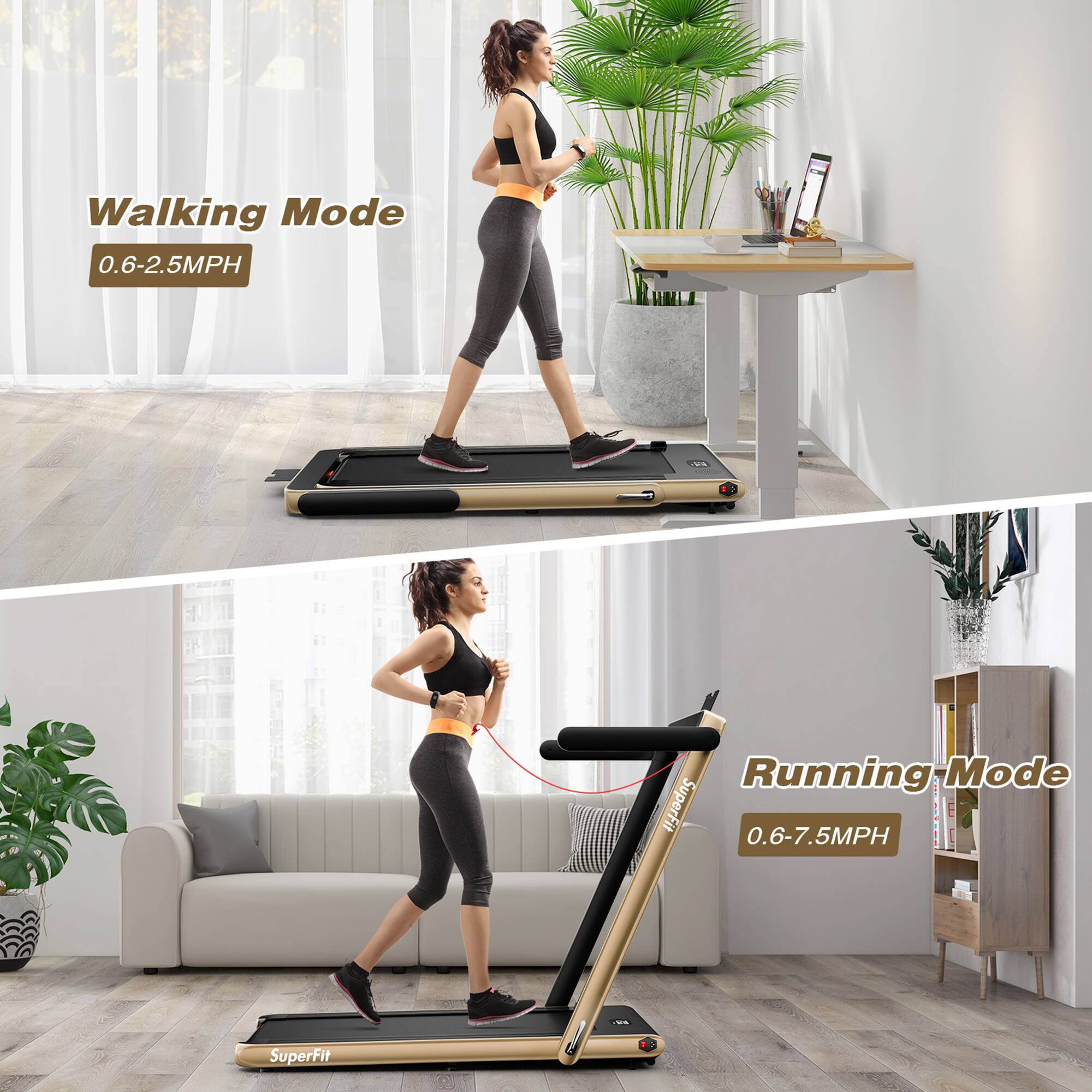 Walking Mode  
0.6-2.5MPH  

Running Mode  
0.6-7.5MPH  

SuperFit