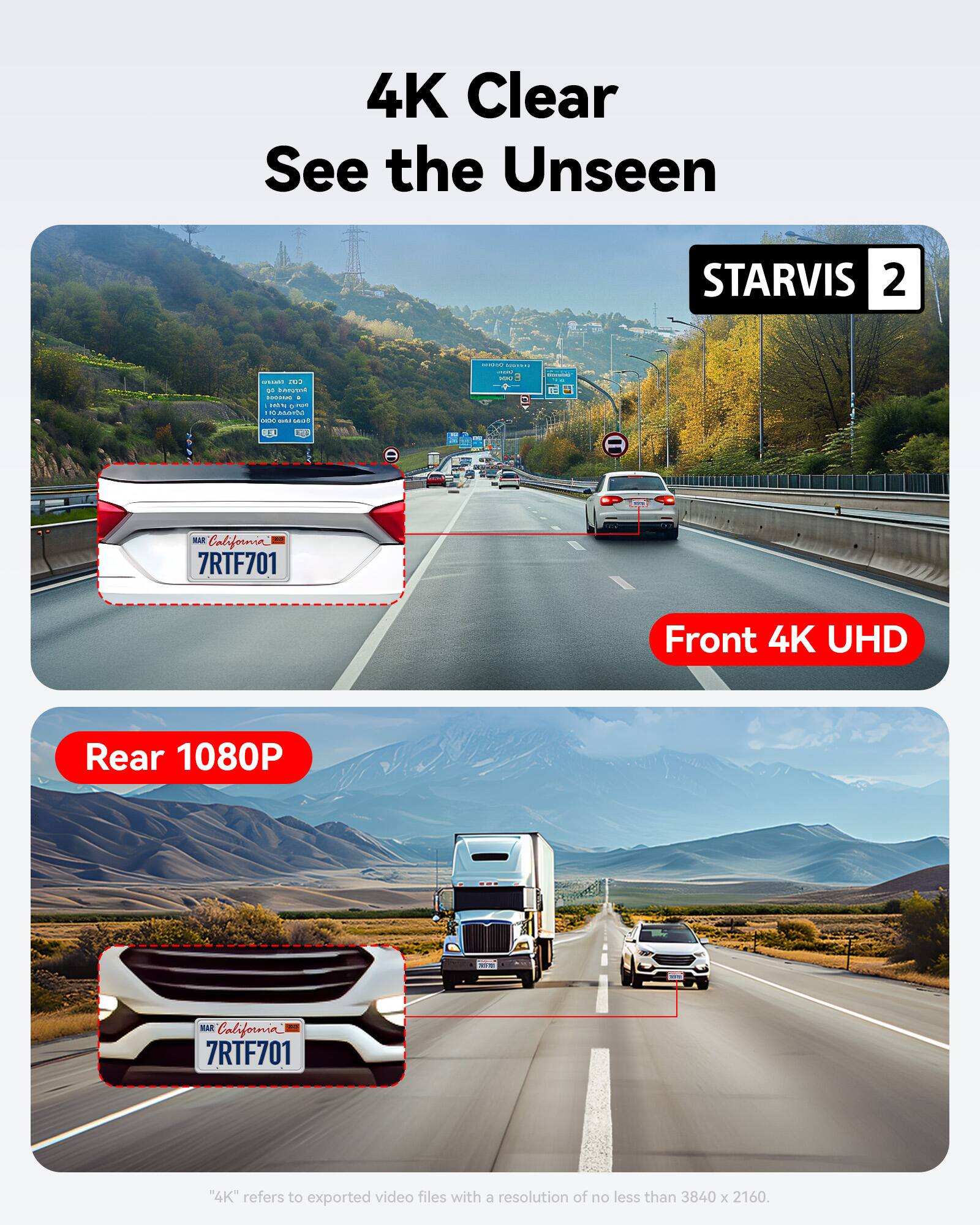 4K Clear See the Unseen STARVIS 2

Front 4K UHD
Rear 1080P

"4K" refers to exported video files with a resolution of no less than 3840 x 2160.