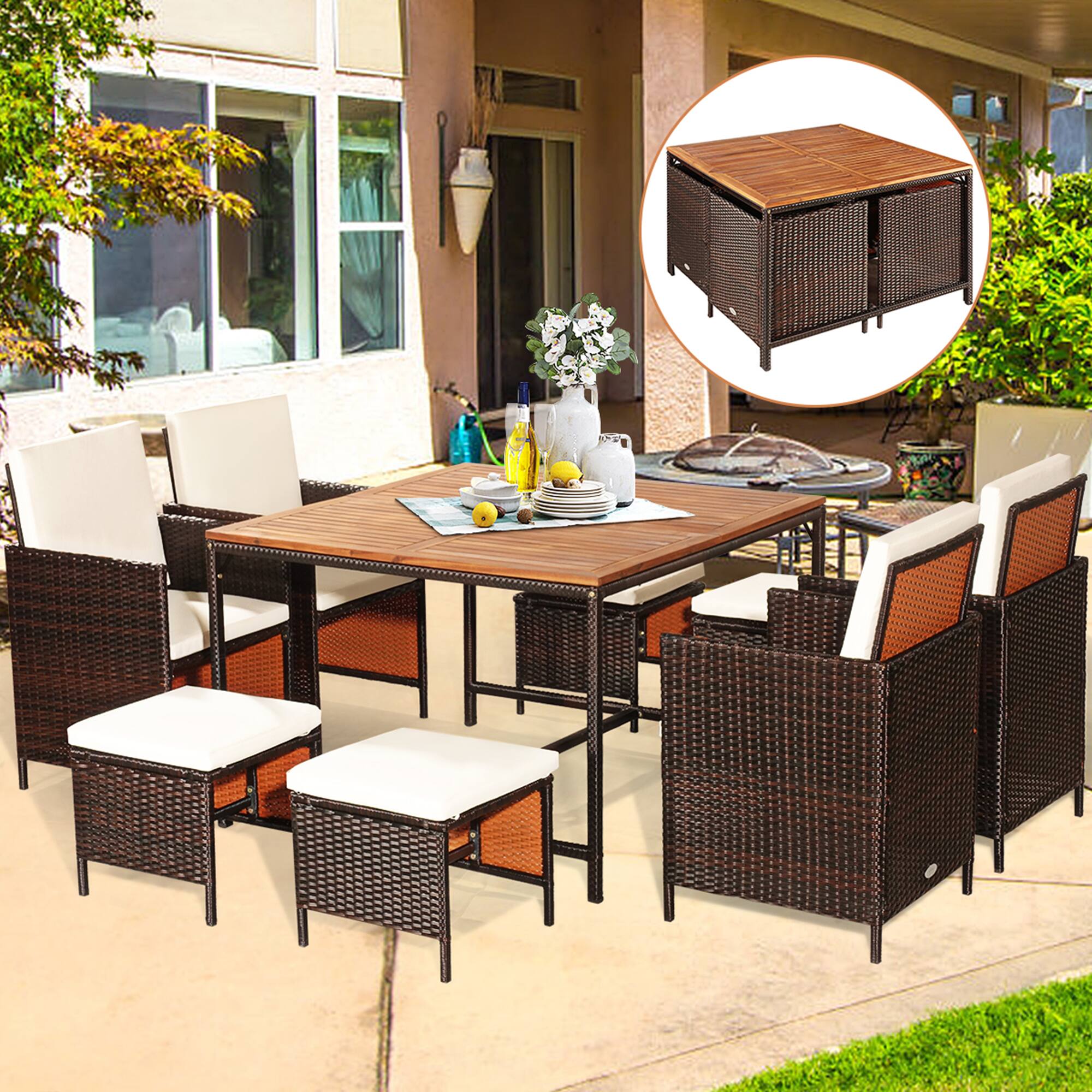 Alt View 3. Gymax - Gymax 9PCS Rattan Wicker Patio Dining Set Outdoor Furniture Set w/ White Cushion - Brown.