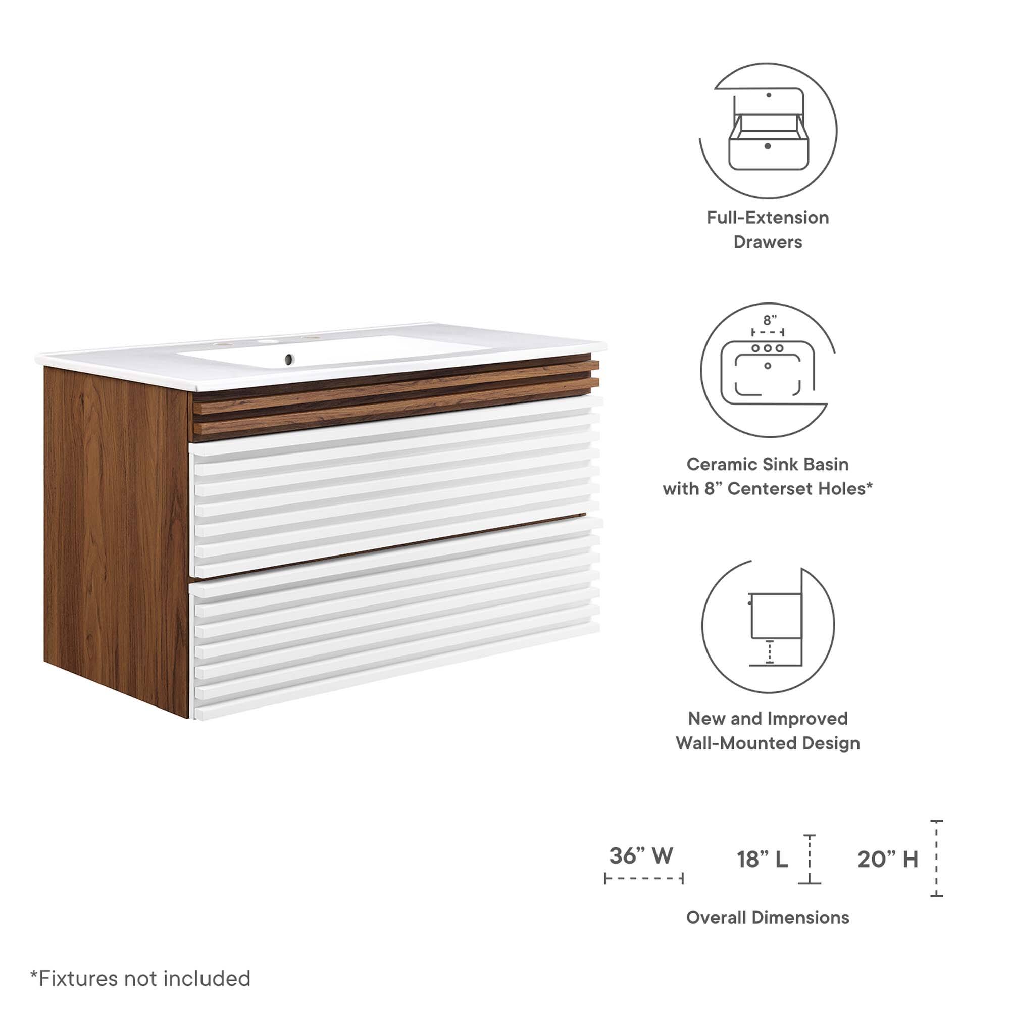 Full-Extension Drawers  
Ceramic Sink Basin with 8" Centerset Holes*  
New and Improved Wall-Mounted Design  

Overall Dimensions:  
36" W x 18" L x 20" H  

*Fixtures not included