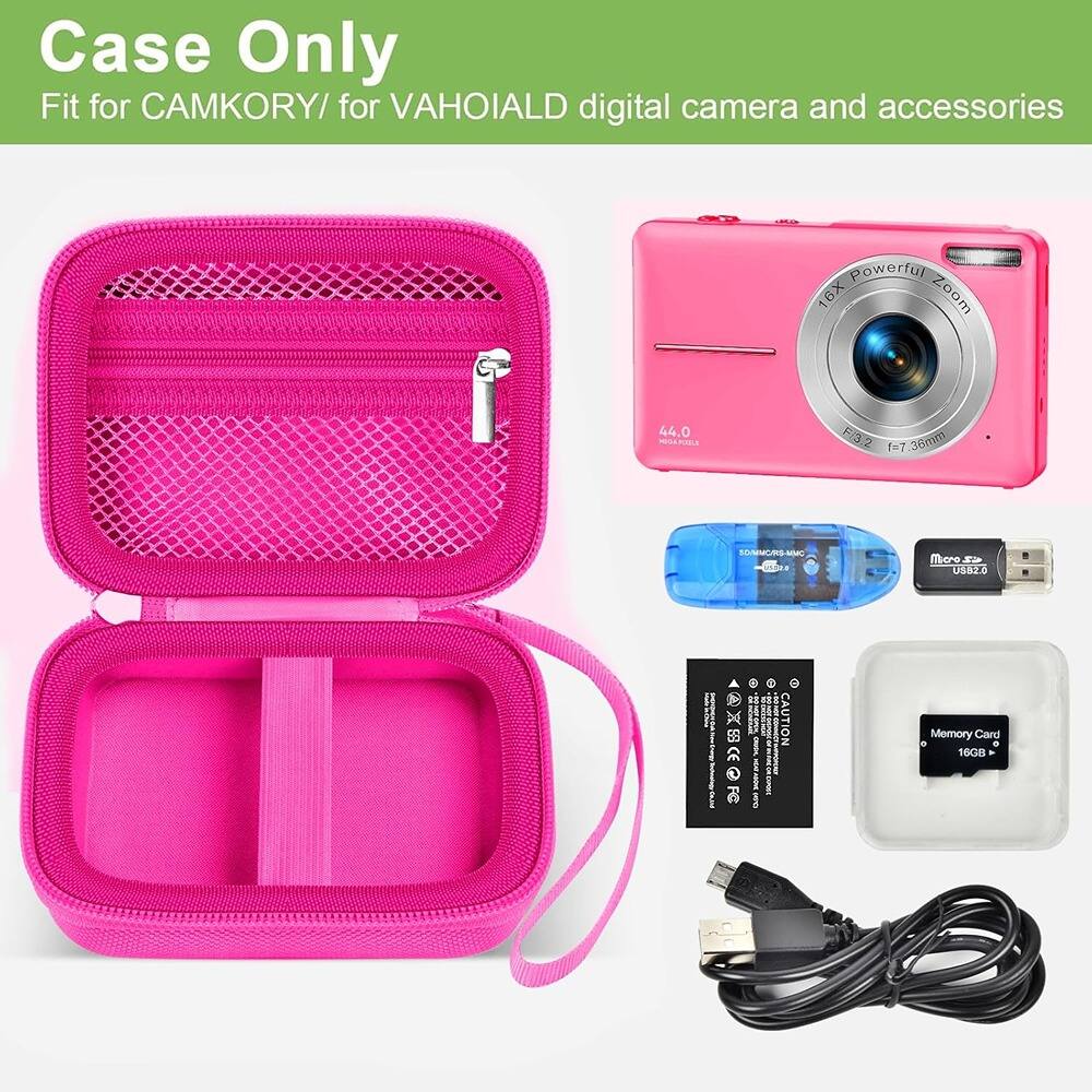 Case Only  
Fit for CAMKORY/ for VAHOIAD digital camera and accessories  

Powerful 16X Zoom  
44.0 PIXELS  
F/3.2  
1-7 38mm  

Memory Card 16GB  

CAUTION
