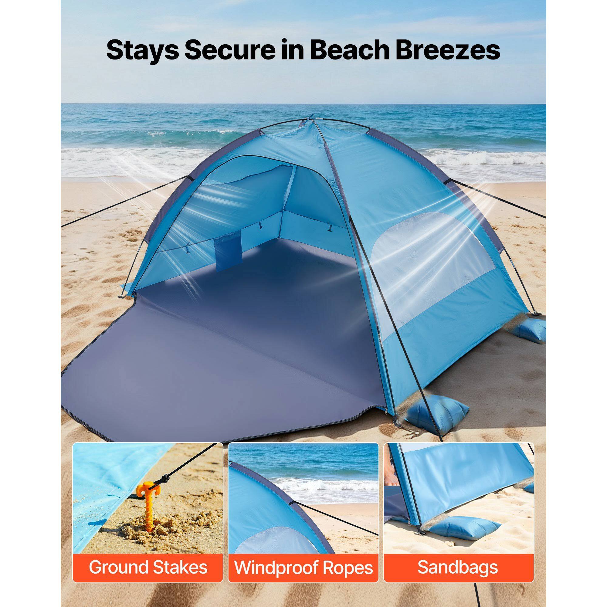 Stays Secure in Beach Breezes

Ground Stakes
Windproof Ropes
Sandbags