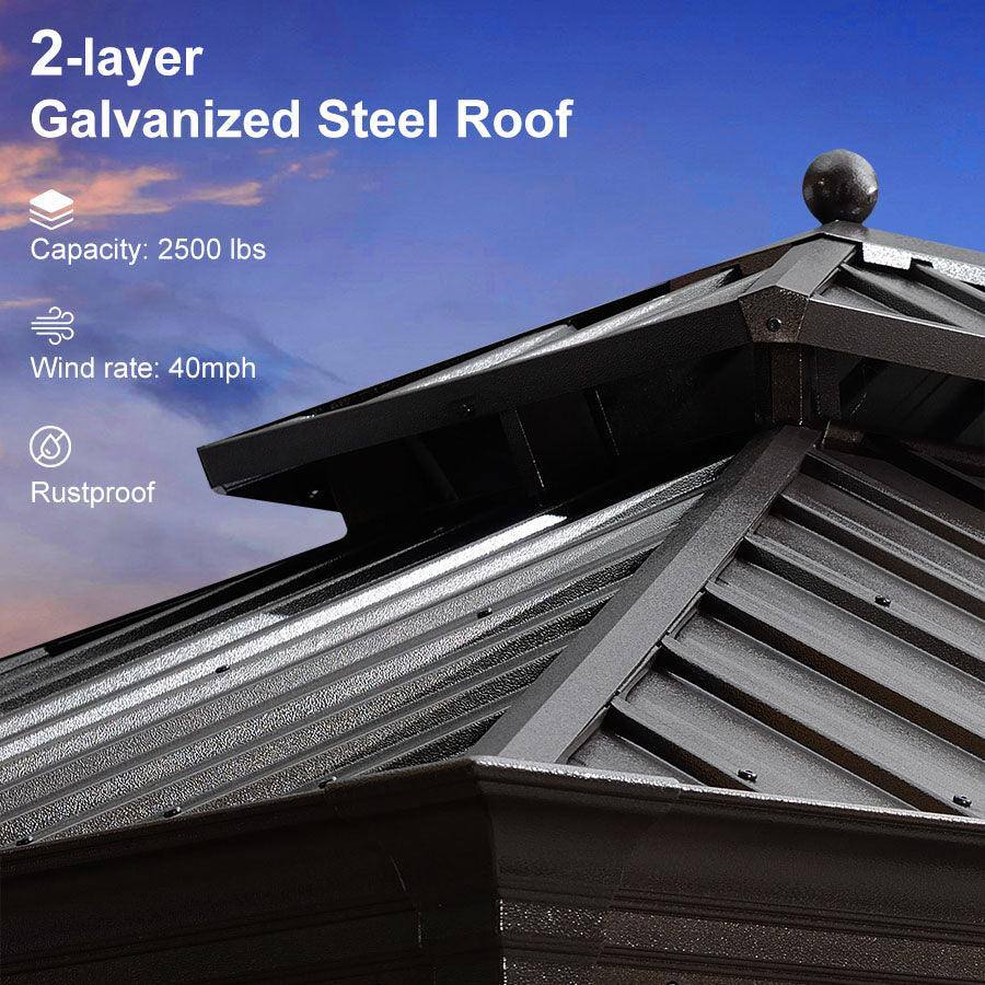 2-layer Galvanized Steel Roof

- Capacity: 2500 lbs
- Wind rate: 40mph
- Rustproof