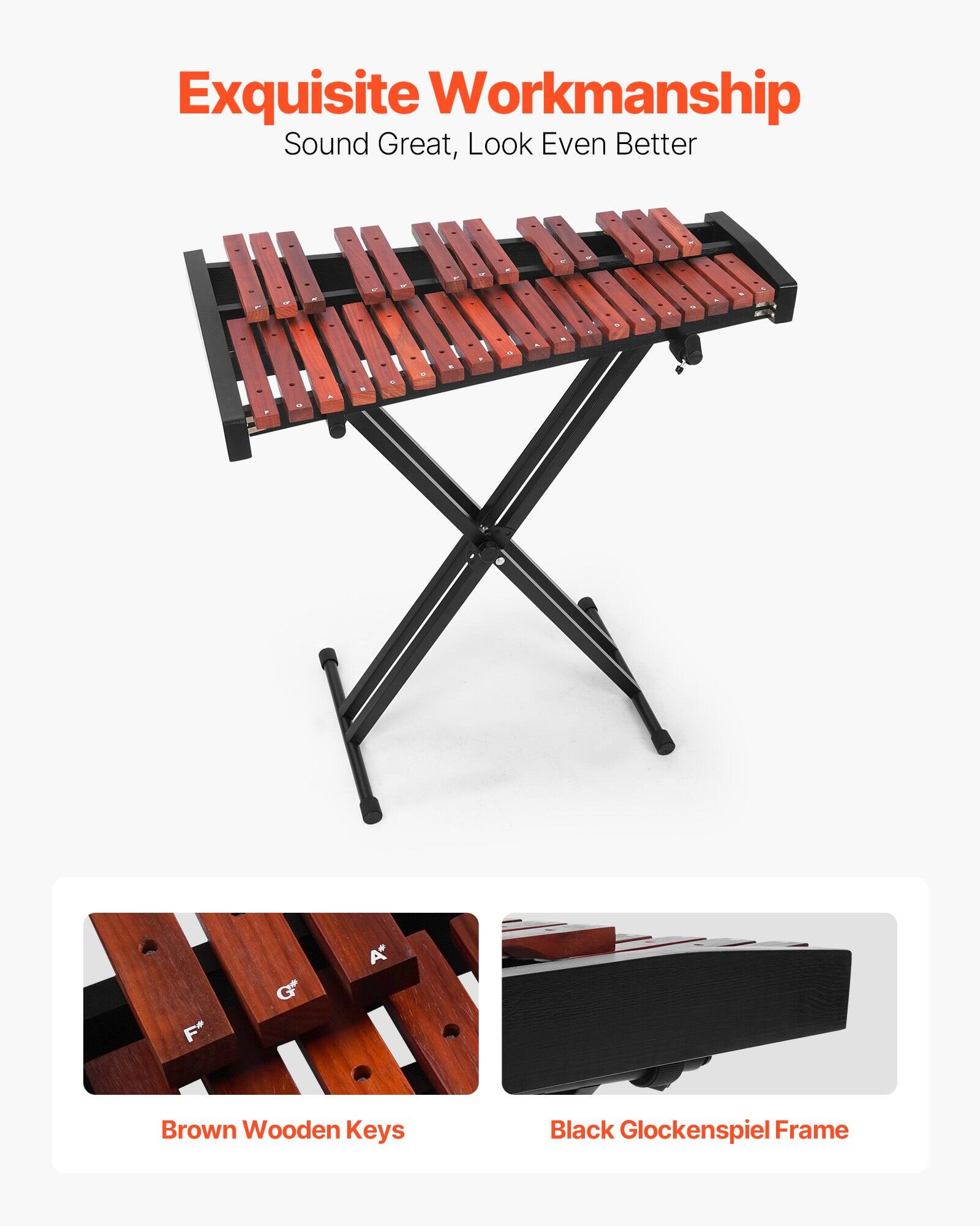 Exquisite Workmanship  
Sound Great, Look Even Better  

Brown Wooden Keys  
Black Glockenspiel Frame