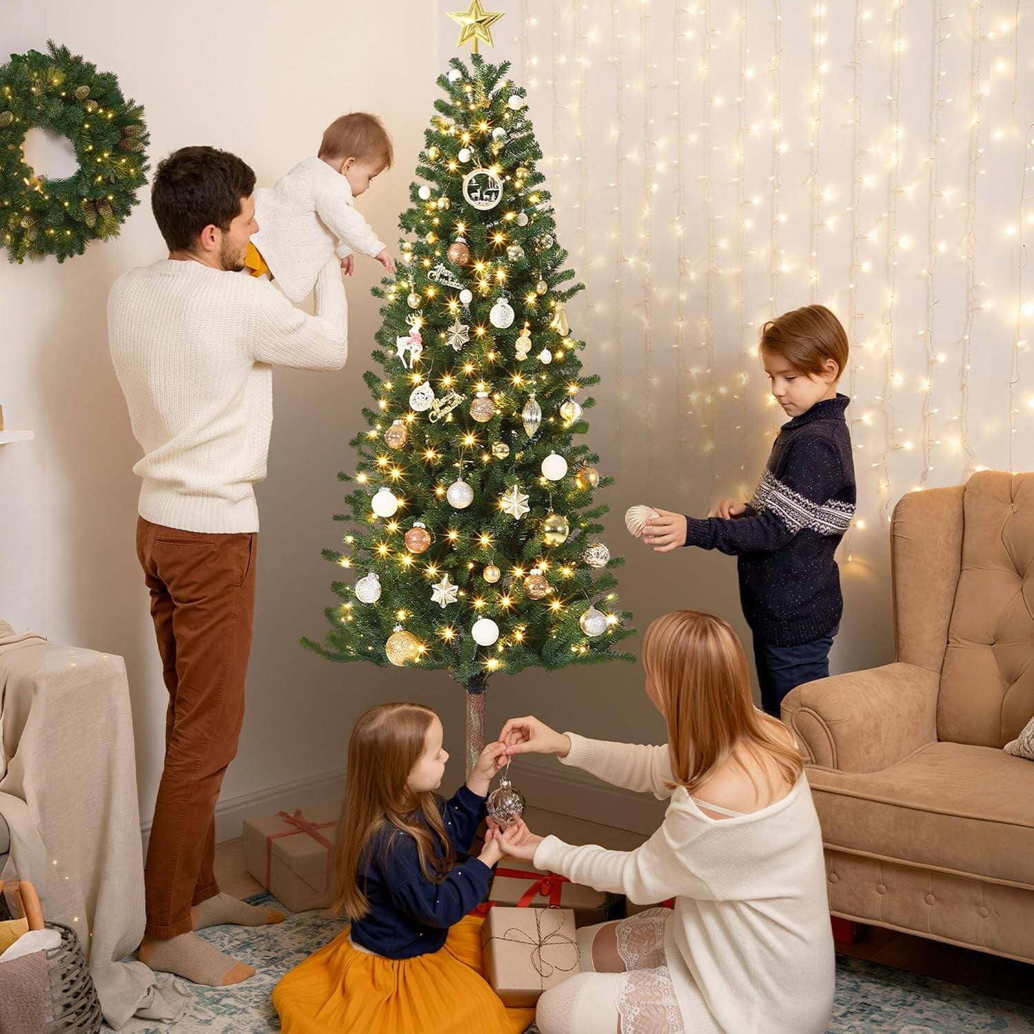 Left. GARVEE - 7.5ft Pre-Lit Slim Pencil Christmas Tree with LED Lights, Warm White Twinkle, Metal Stand for Holiday Home Decor - 7.5ft.