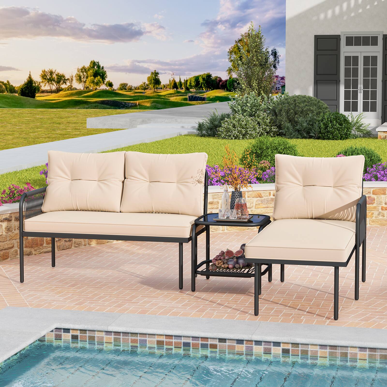 Alt View 9. Gymax - Gymax 3-Piece L Shaped Patio Furniture Set w/Tempered Glass Table Back & Seat Cushions - Black,Beige.