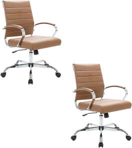 LeisureMod - Set of 2 - Benmar Modern Leather Office Desk Chair with Ribbed Seat and Steel Frame Computer Chair - Brown