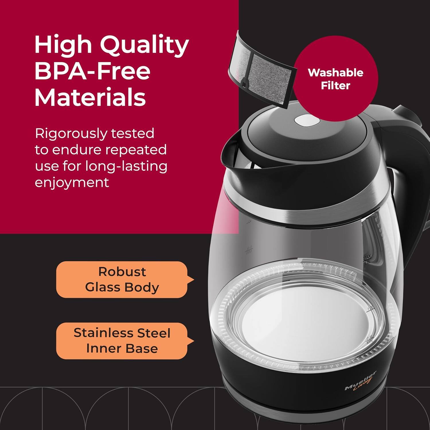 High Quality BPA-Free Materials, Washable Filter, Rigorously tested to endure repeated use for long-lasting enjoyment, Robust Glass Body, Stainless Steel Inner Base