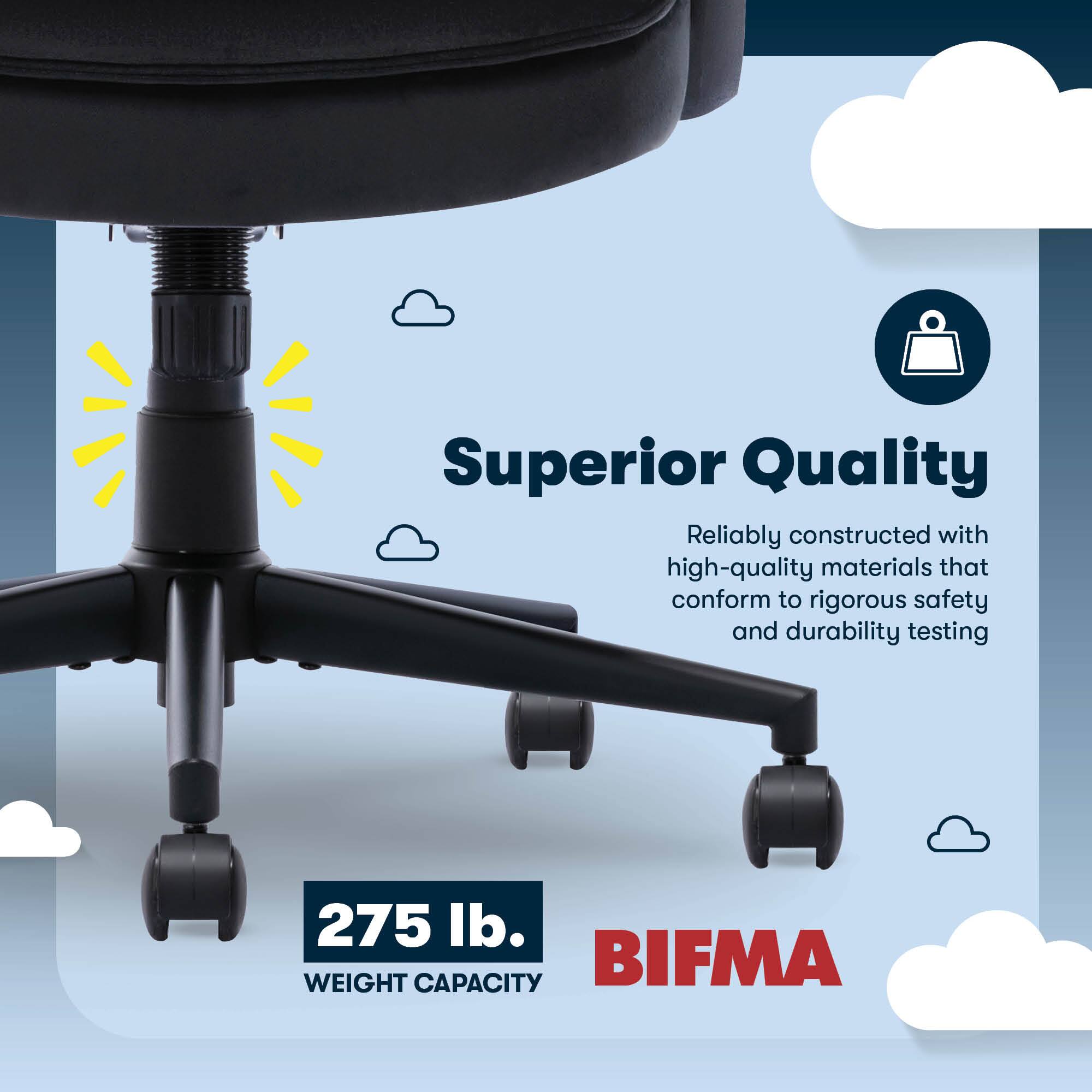 The text on the image is grouped and corrected as follows:

"Superior Quality: Reliably constructed with high-quality materials that conform to rigorous safety and durability testing. 275 lb. Weight Capacity. BIFMA."