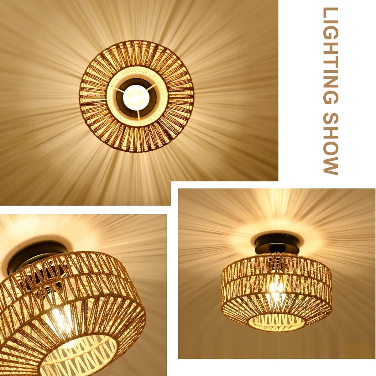 Loheer Boho Flush Mount Ceiling Light, Mini Rattan Chandelier with ...