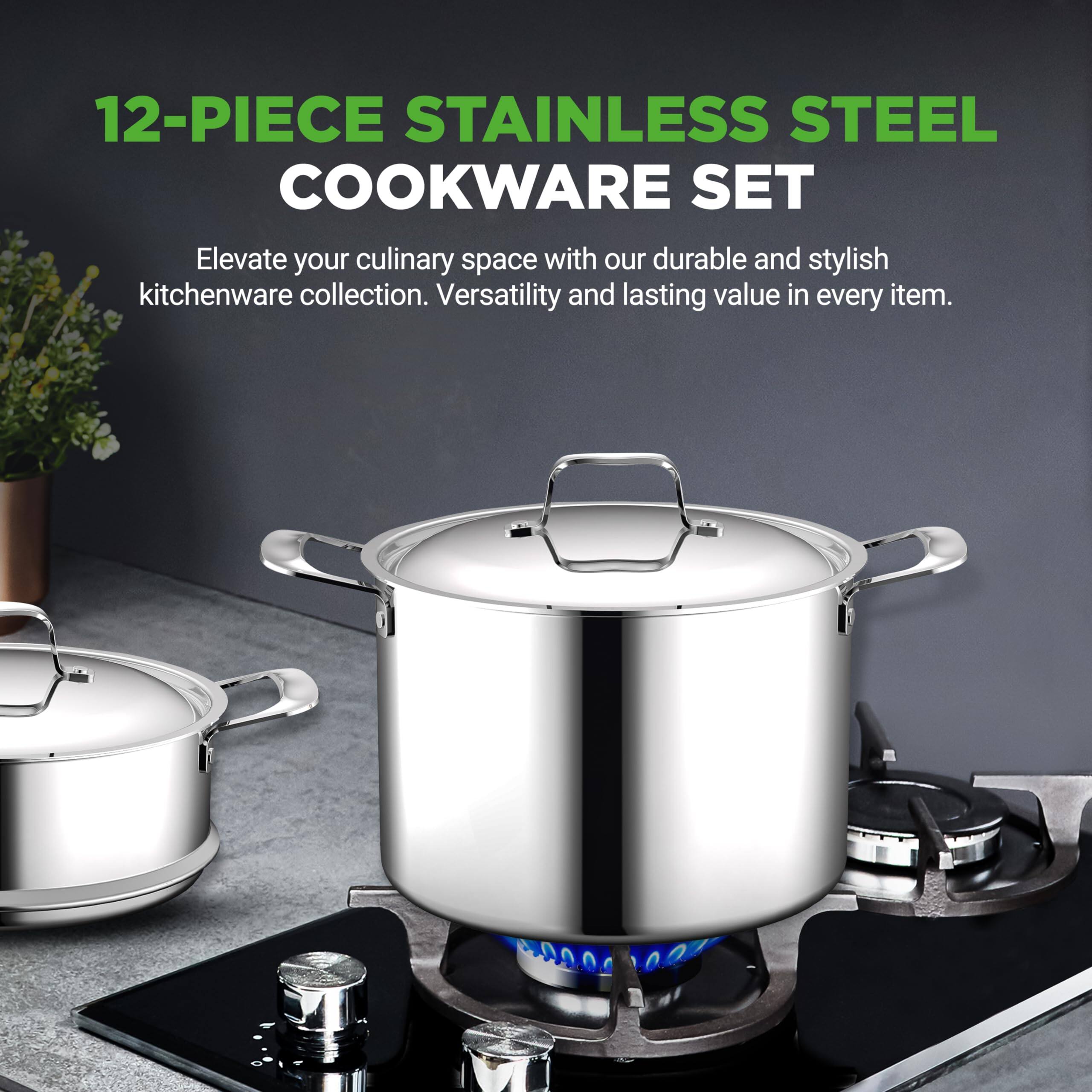 12-PIECE STAINLESS STEEL COOKWARE SET

Elevate your culinary space with our durable and stylish kitchenware collection. Versatility and lasting value in every item.